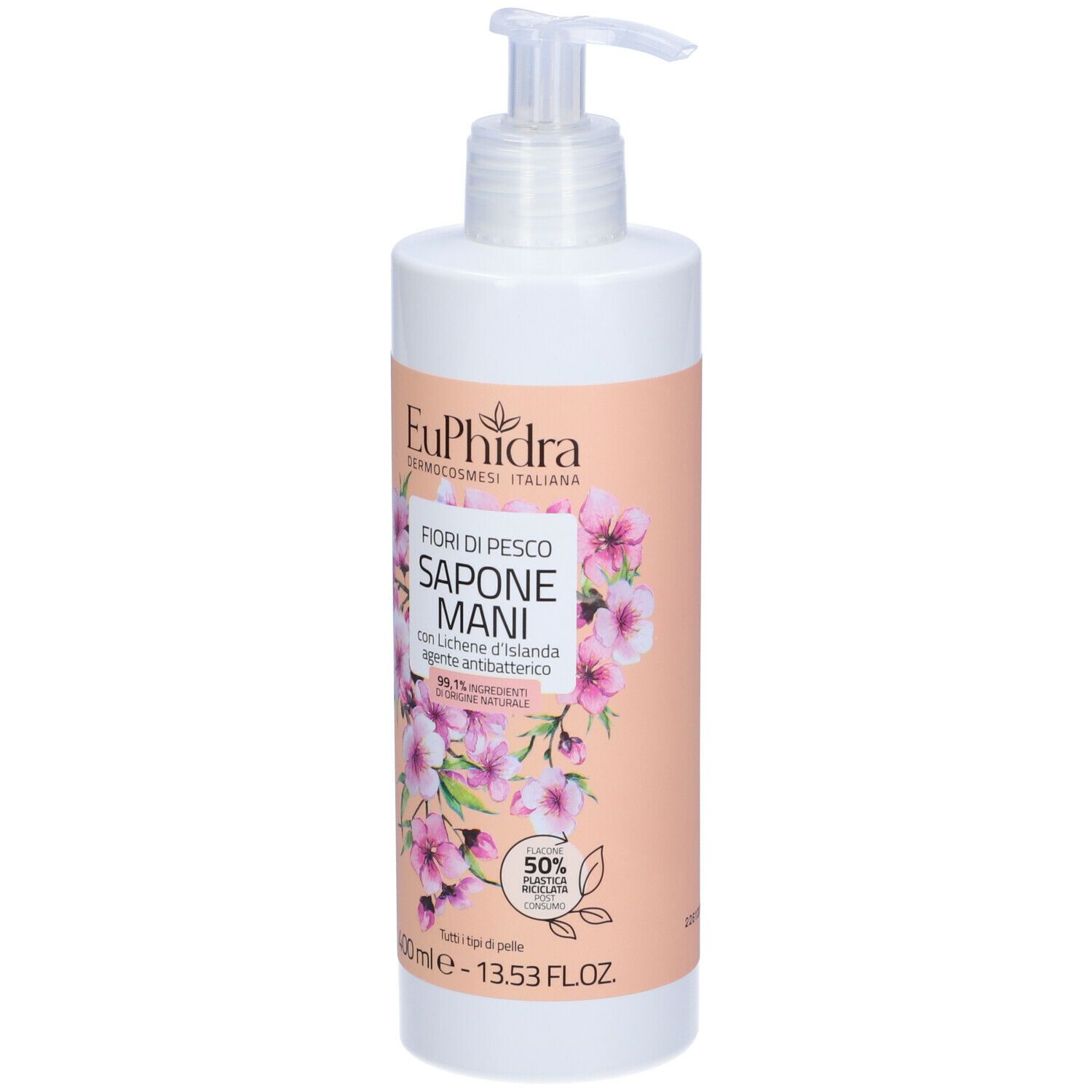 Flacone bianco con etichetta rosa. Scritta: Euphidra, Fiori di Pesco, Sapone Mani. Con dosatore.