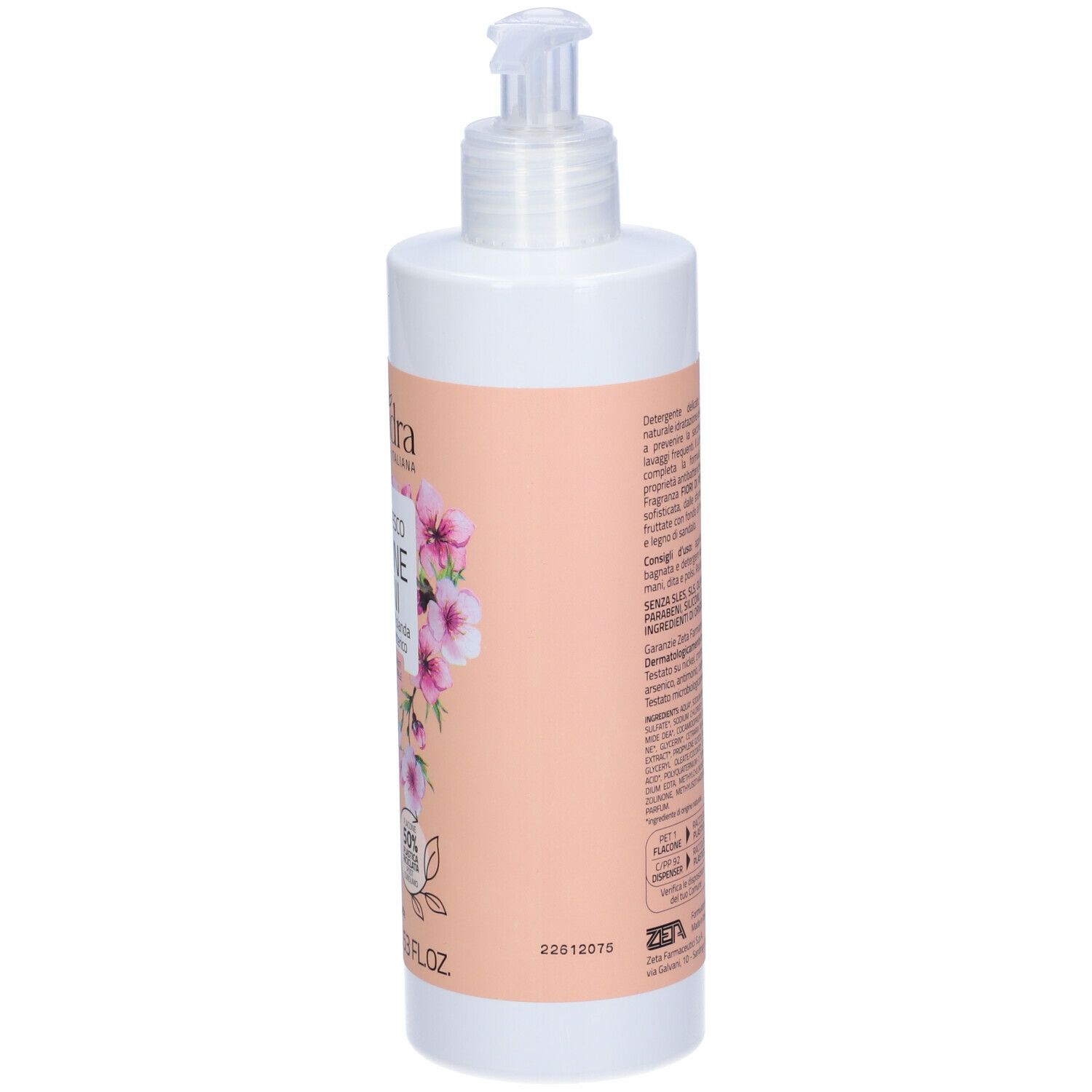 Flacone bianco con etichetta rosa. Testo in italiano. Con dosatore. Informazioni sul prodotto sul retro.