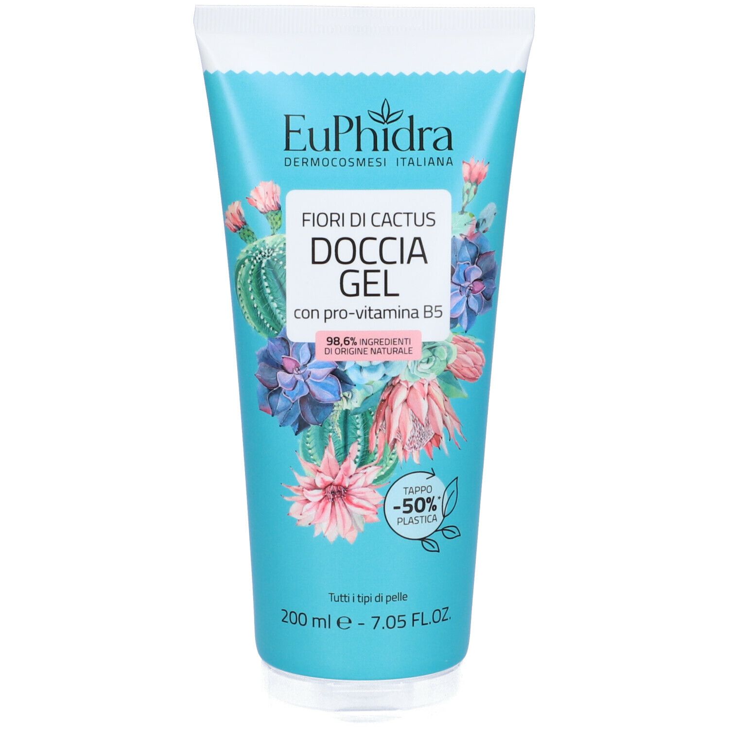 Tubo turchese con nome del prodotto e illustrazione floreale. Testo: 'Euphidra', 'Doccia Gel Fiori di Cactus'.