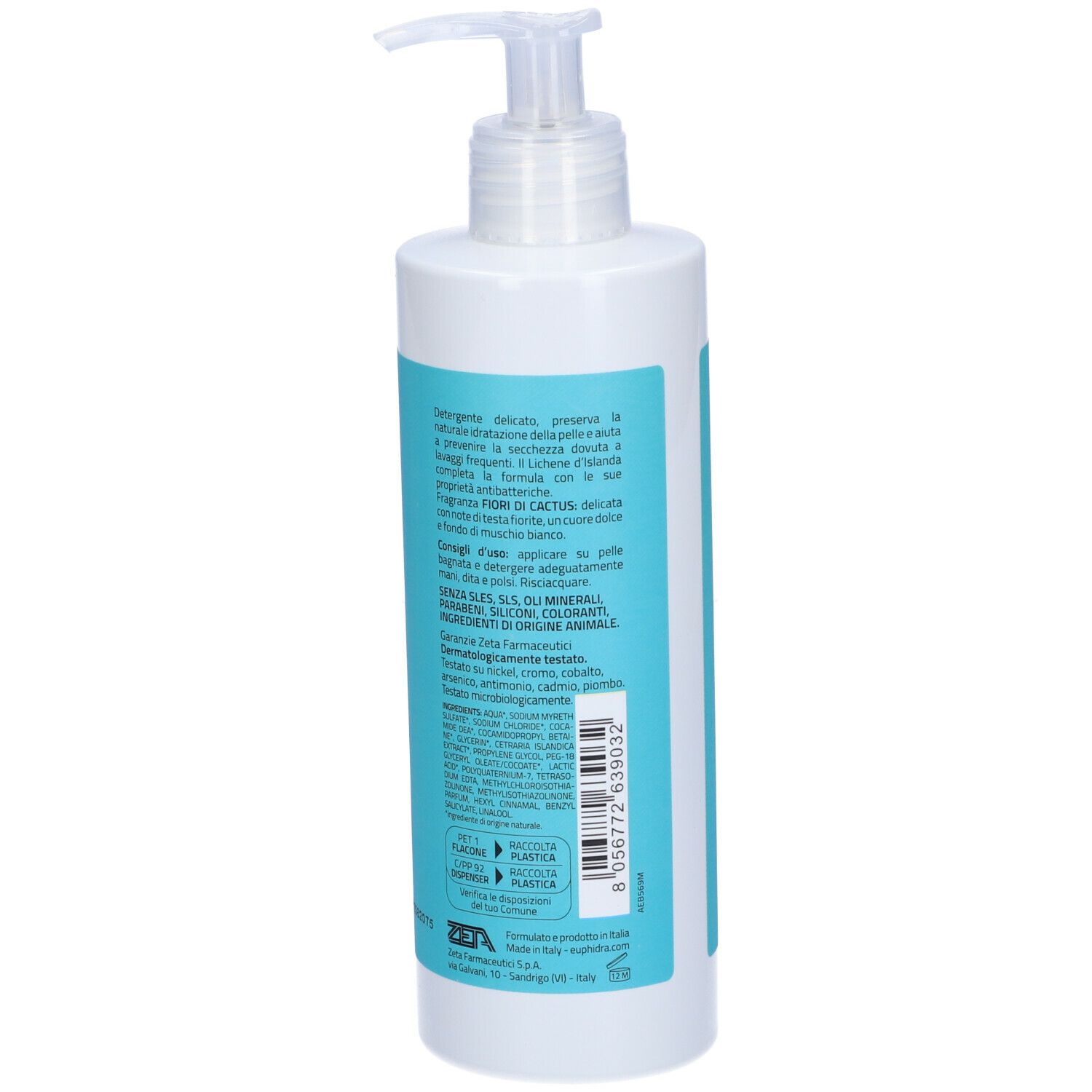 Flacone bianco con etichetta blu. Testo in italiano. Con dispenser.