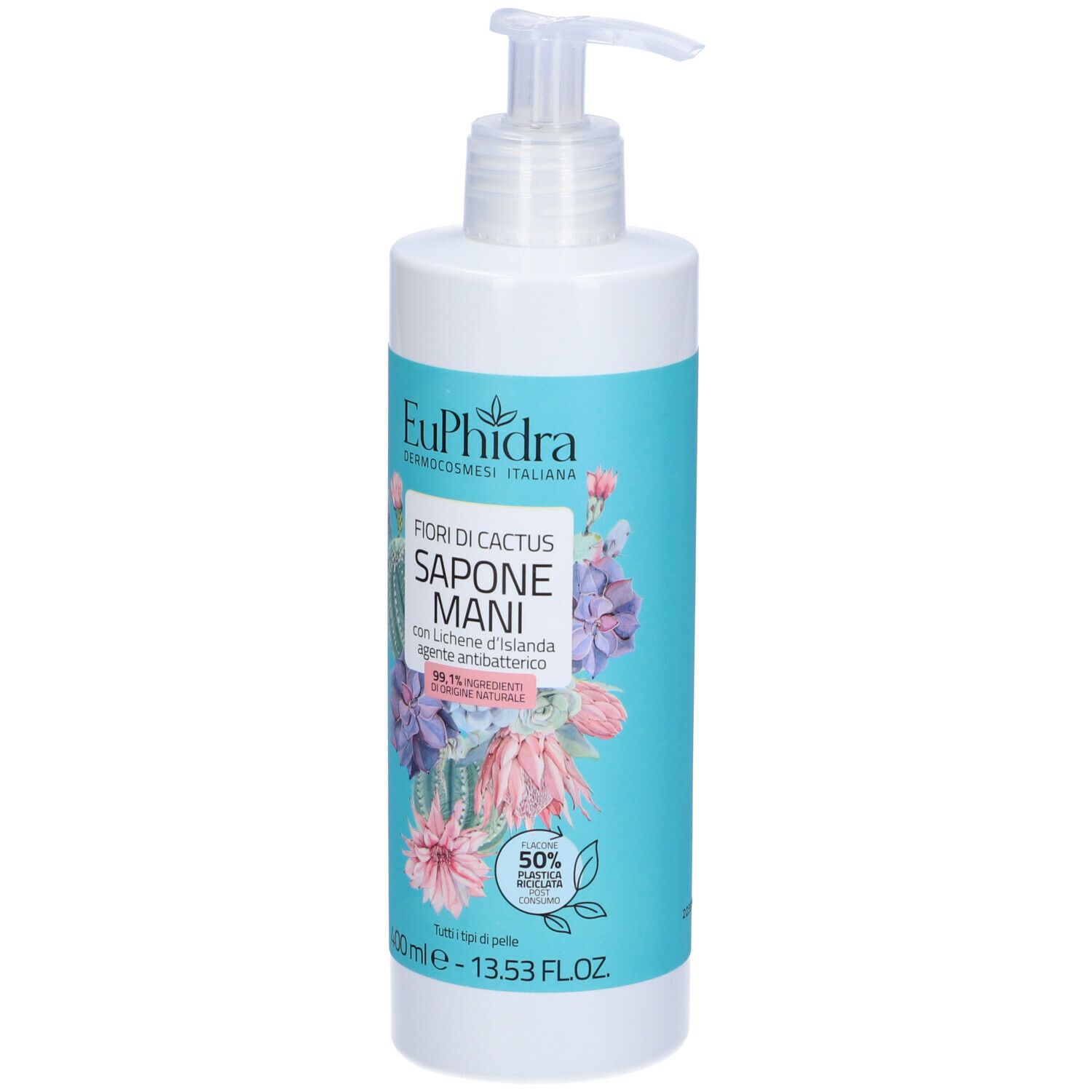 Flacone bianco con etichetta blu. Scritta: Euphidra, Fiori di Cactus, Sapone Mani. Con dispenser.