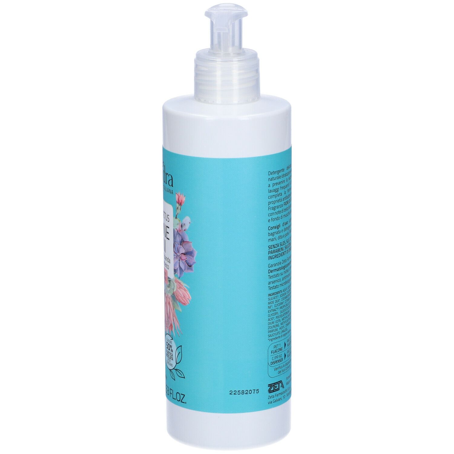 Flacone bianco con etichetta blu. Testo in italiano. Con dispenser.