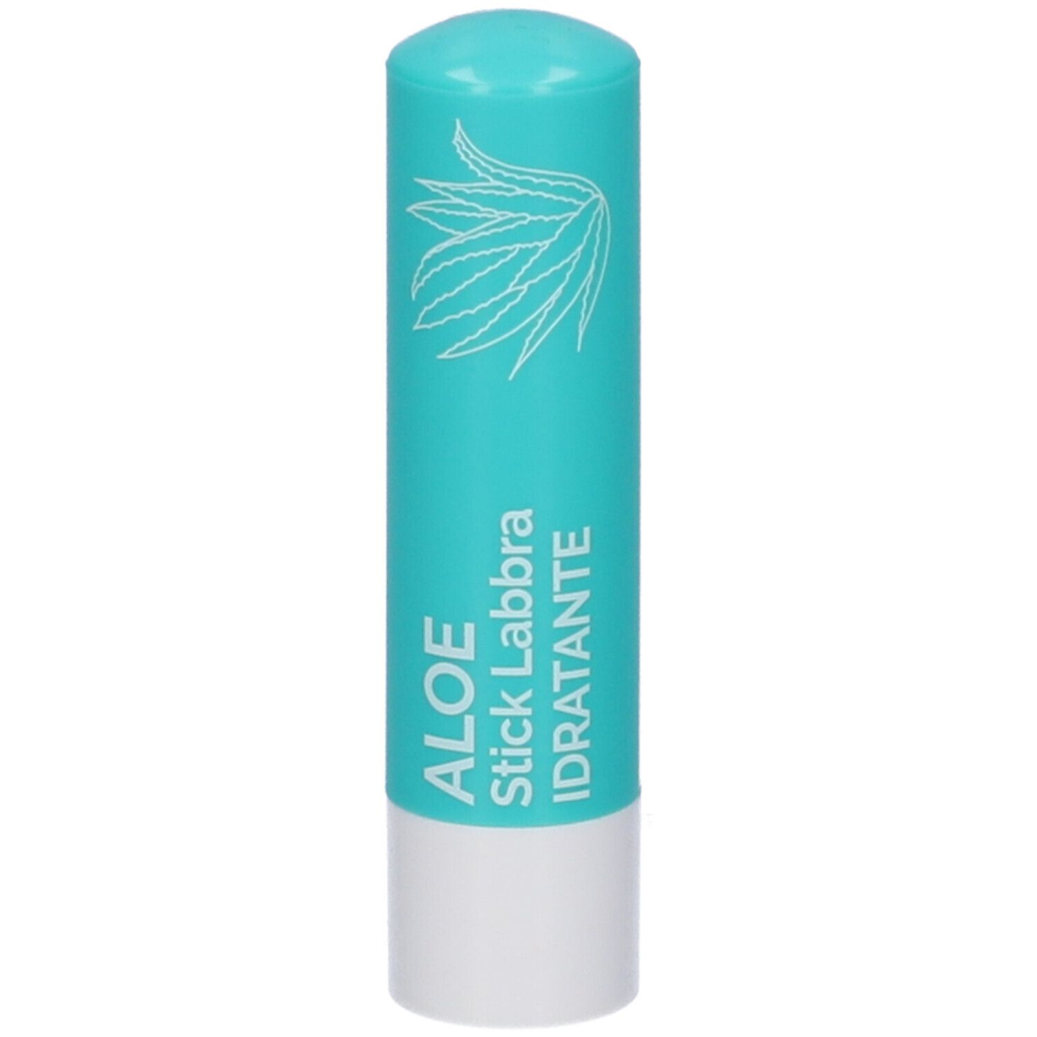 Stick labbra turchese con scritta bianca: ALOE Stick Labbra IDRATANTE. Illustrazione foglia di aloe.