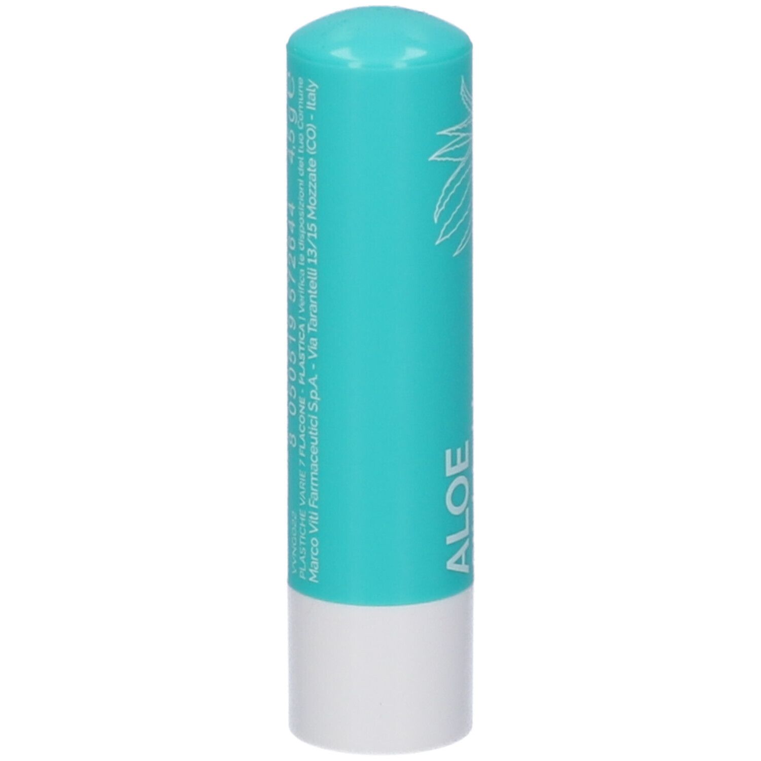 Stick labbra turchese con scritta bianca: ALOE. Retro con testo e codice a barre. Prodotto in Italia.