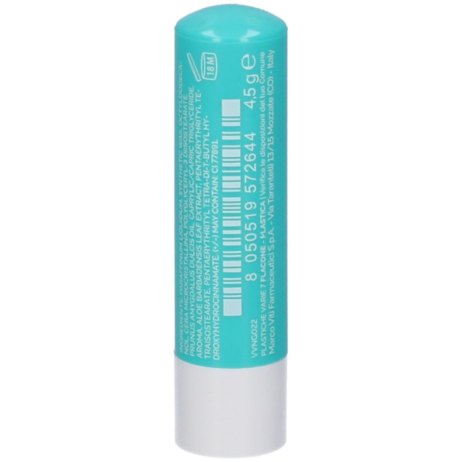 Stick labbra turchese con testo e codice a barre. Contiene 4,5 g. Ingredienti elencati. Prodotto in Italia.