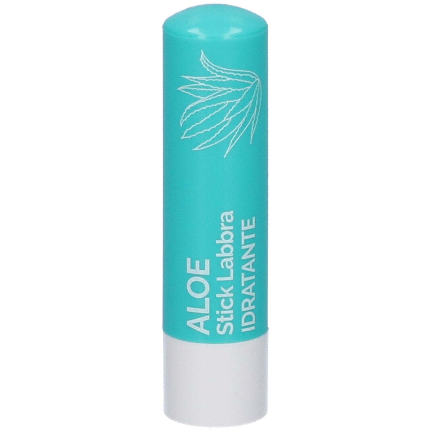 Stick labbra turchese con scritta bianca: ALOE Stick Labbra IDRATANTE. Illustrazione foglia di aloe.