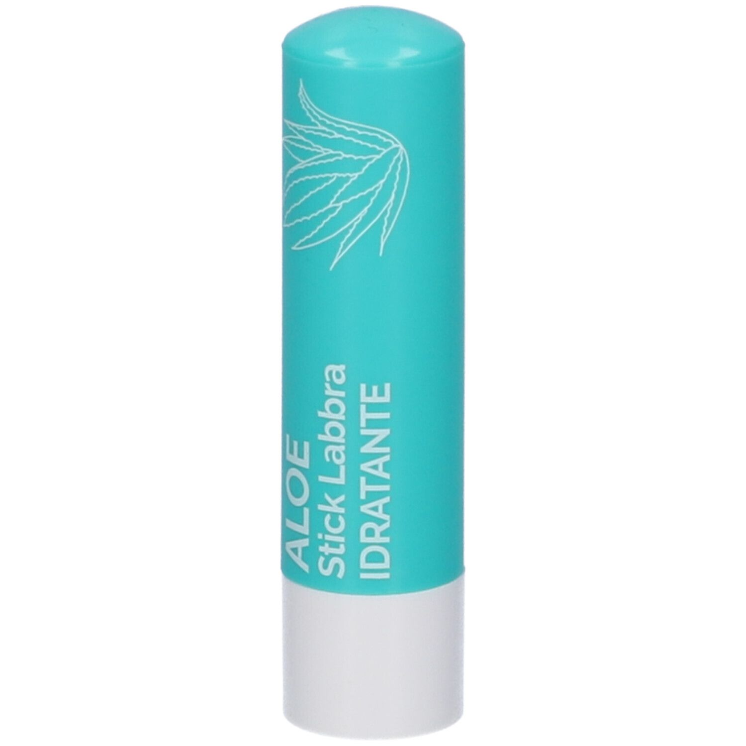 Stick labbra turchese con scritta bianca: ALOE Stick Labbra IDRATANTE. Illustrazione foglia di aloe.