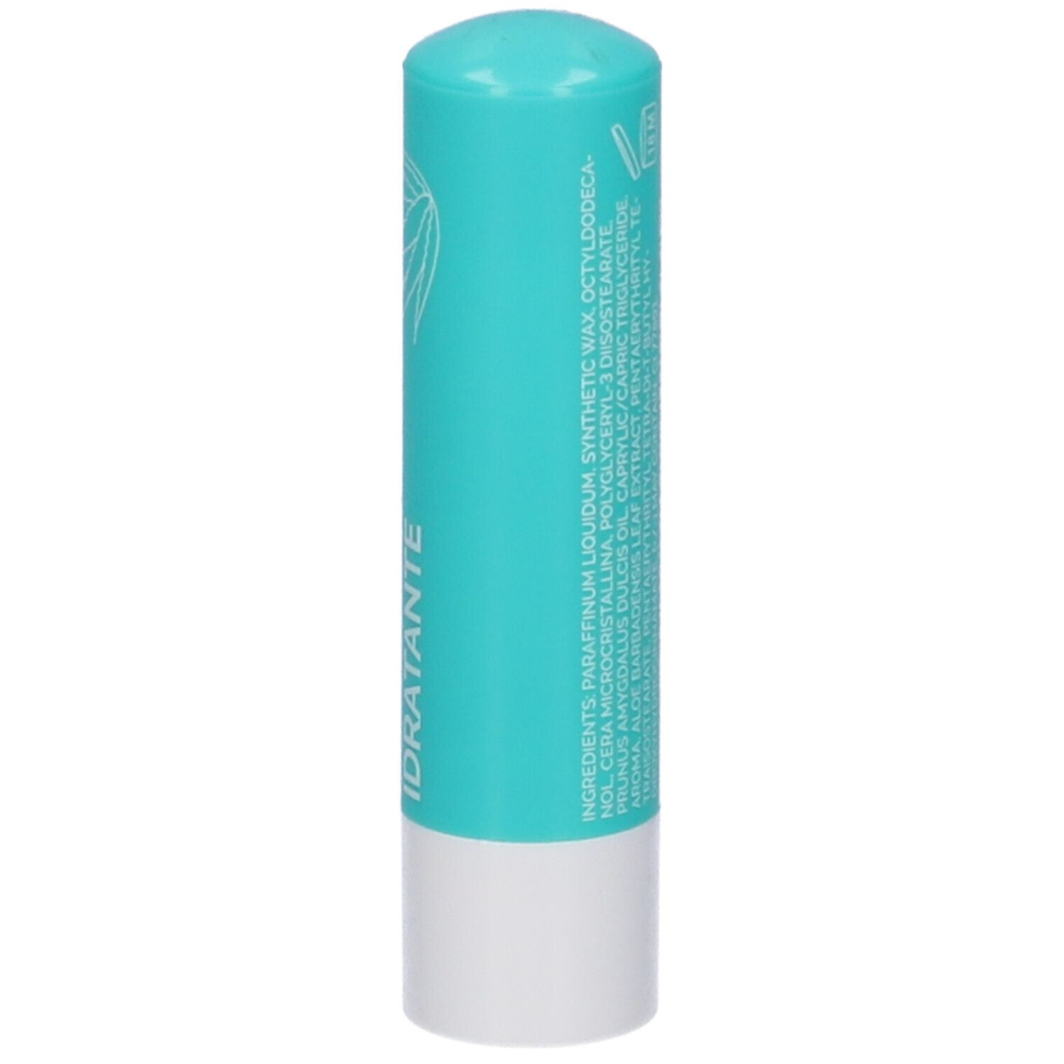 Stick labbra turchese con testo: IDRATANTE. Ingredienti elencati. Illustrazione foglia di aloe.