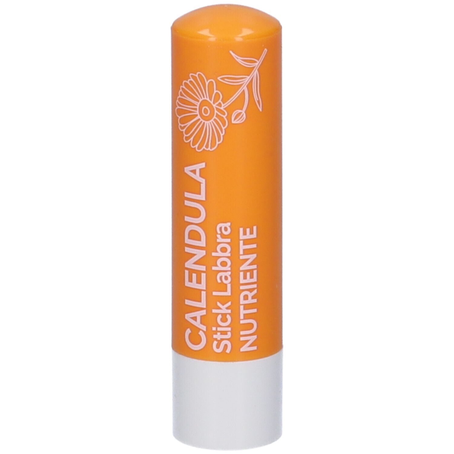 Stick labbra arancione con base bianca. Scritta: CALENDULA Stick Labbra Nutriente. Illustrazione floreale.