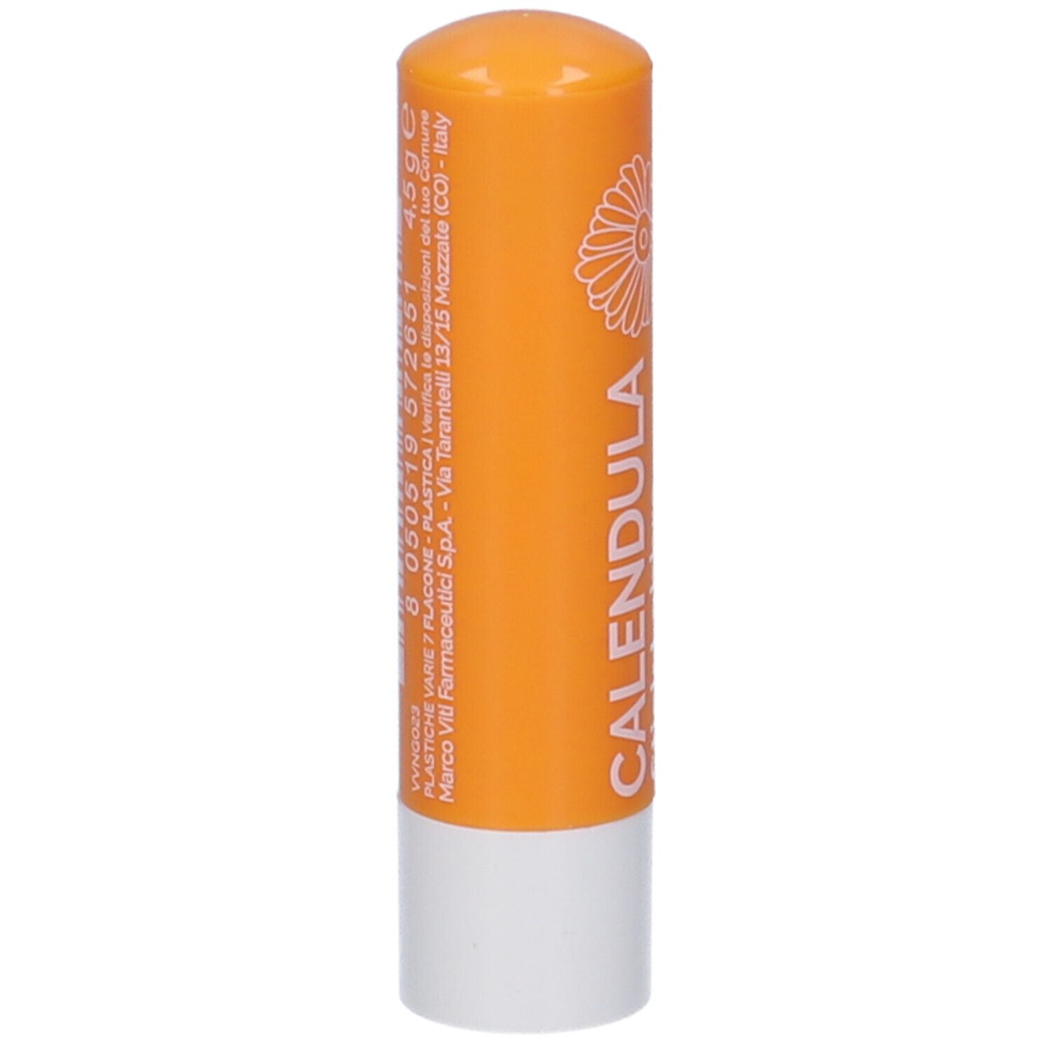 Stick labbra arancione con base bianca. Scritta: CALENDULA. Informazioni stampate e peso.