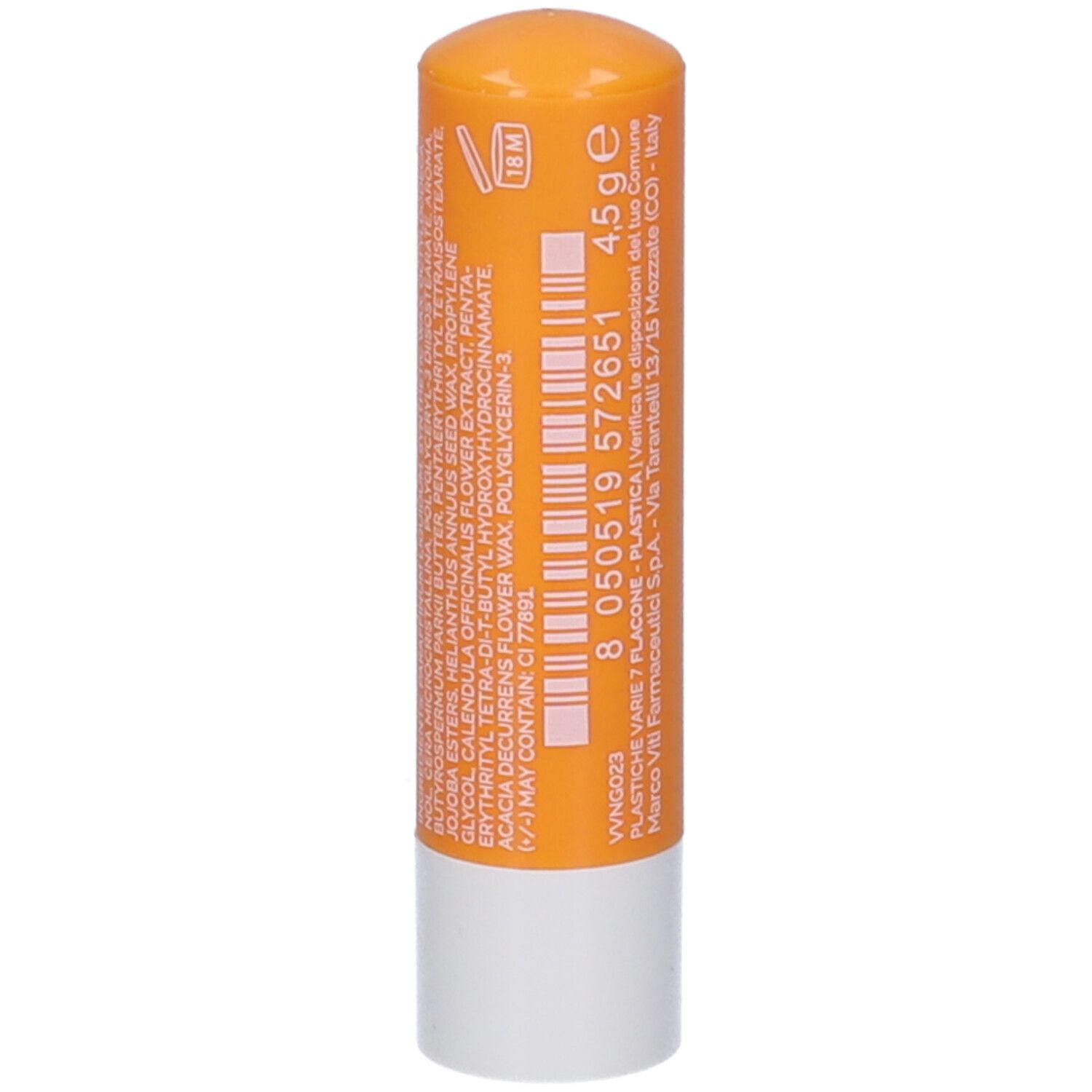 Stick labbra arancione con base bianca. Ingredienti stampati, peso e informazioni di produzione.