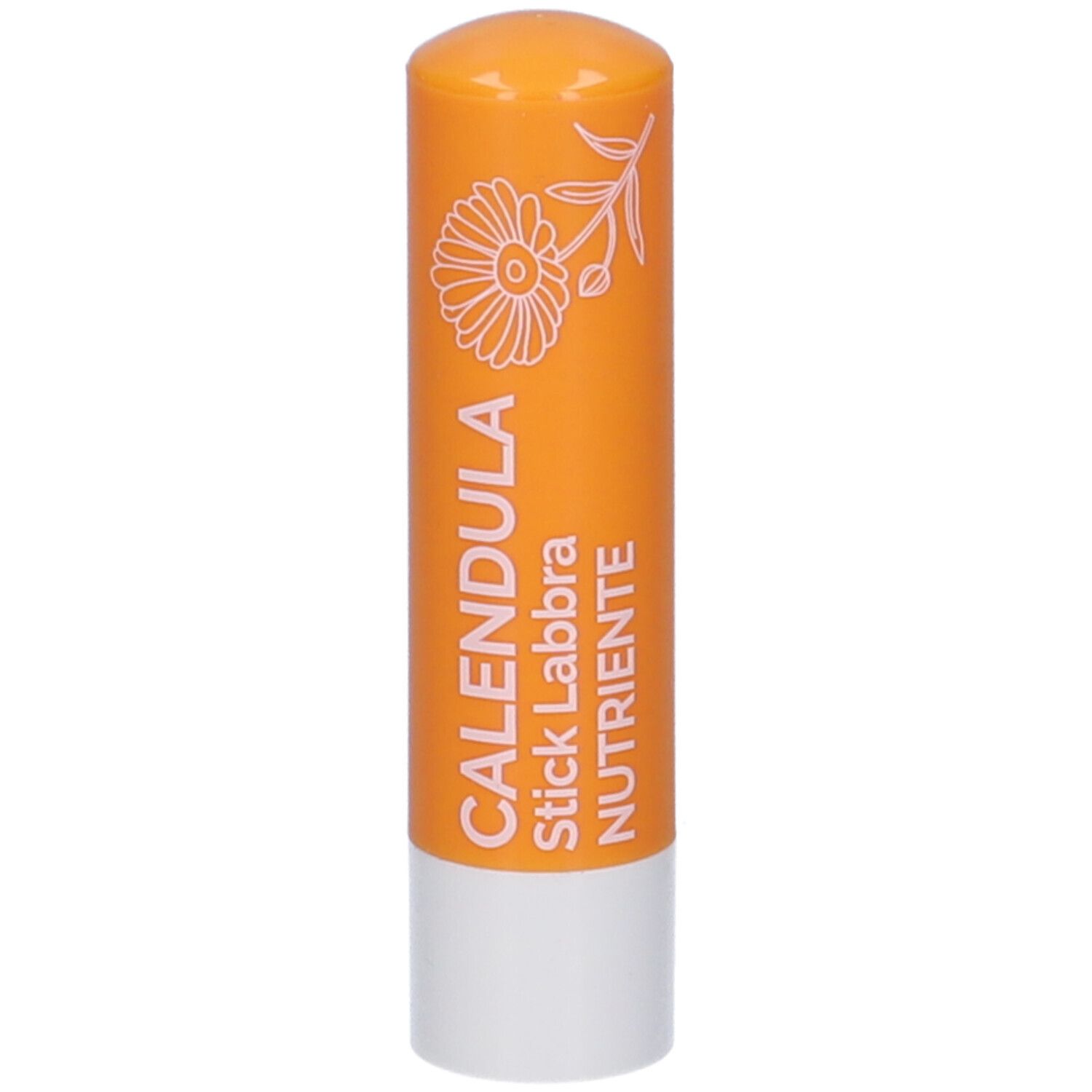 Stick labbra arancione con base bianca. Scritta: CALENDULA Stick Labbra Nutriente. Illustrazione floreale.