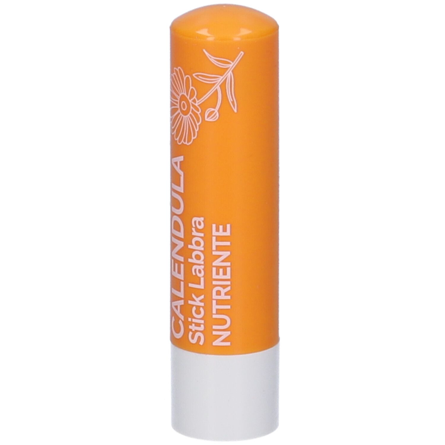 Stick labbra arancione con base bianca. Scritta: CALENDULA Stick Labbra Nutriente. Illustrazione floreale.