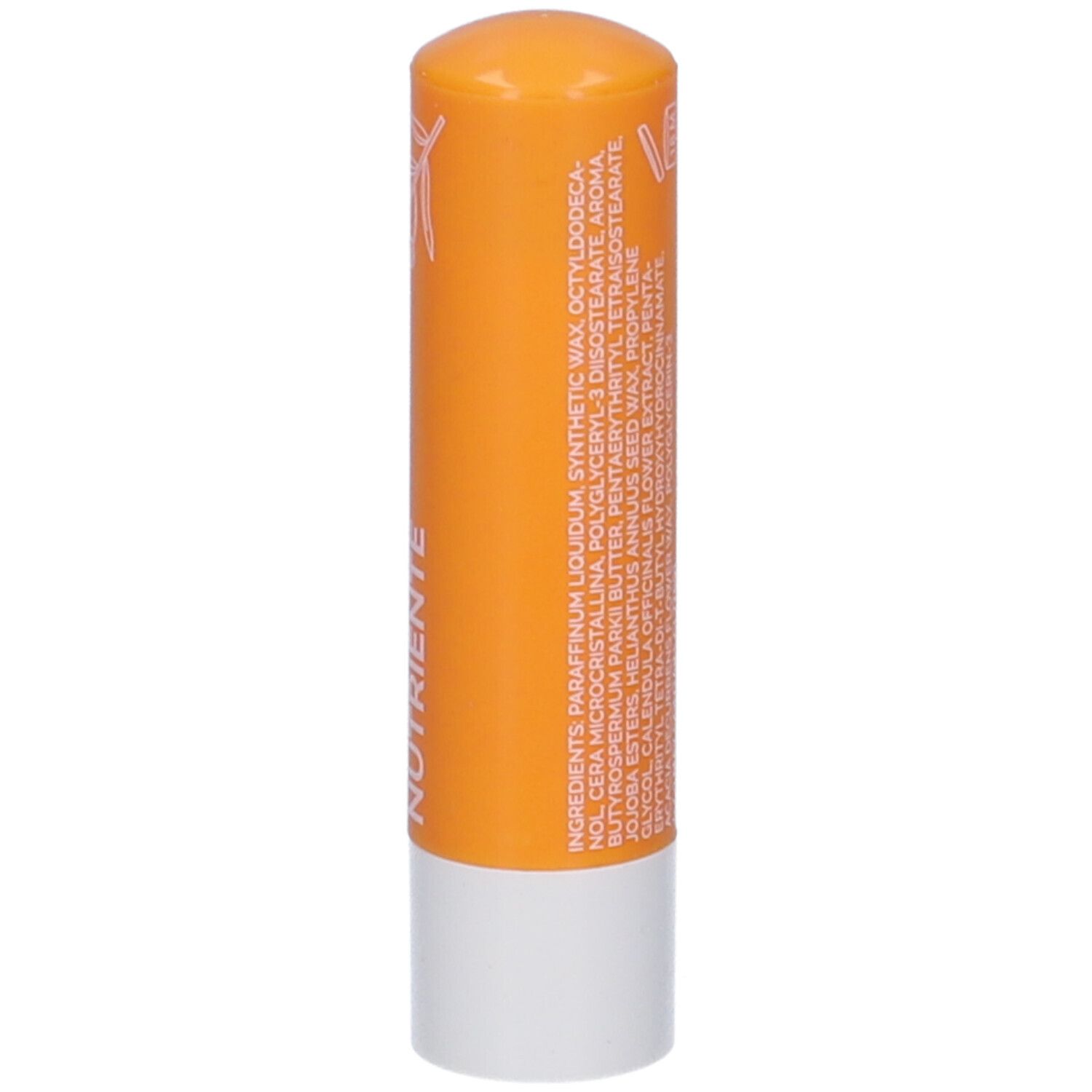 Stick labbra arancione con base bianca. Ingredienti e informazioni stampati.