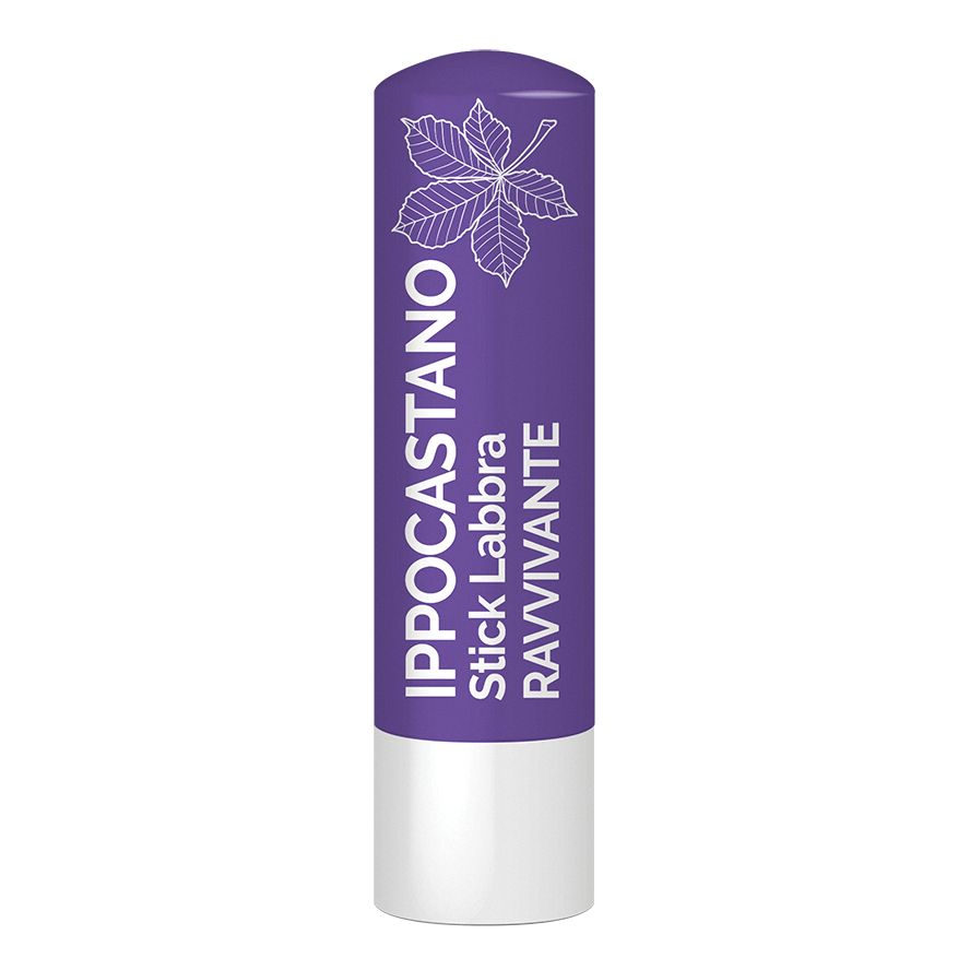 Stick Labbra Ravvivante Ippocastano. Tubetto viola con logo foglia di castagno. Scritta bianca.