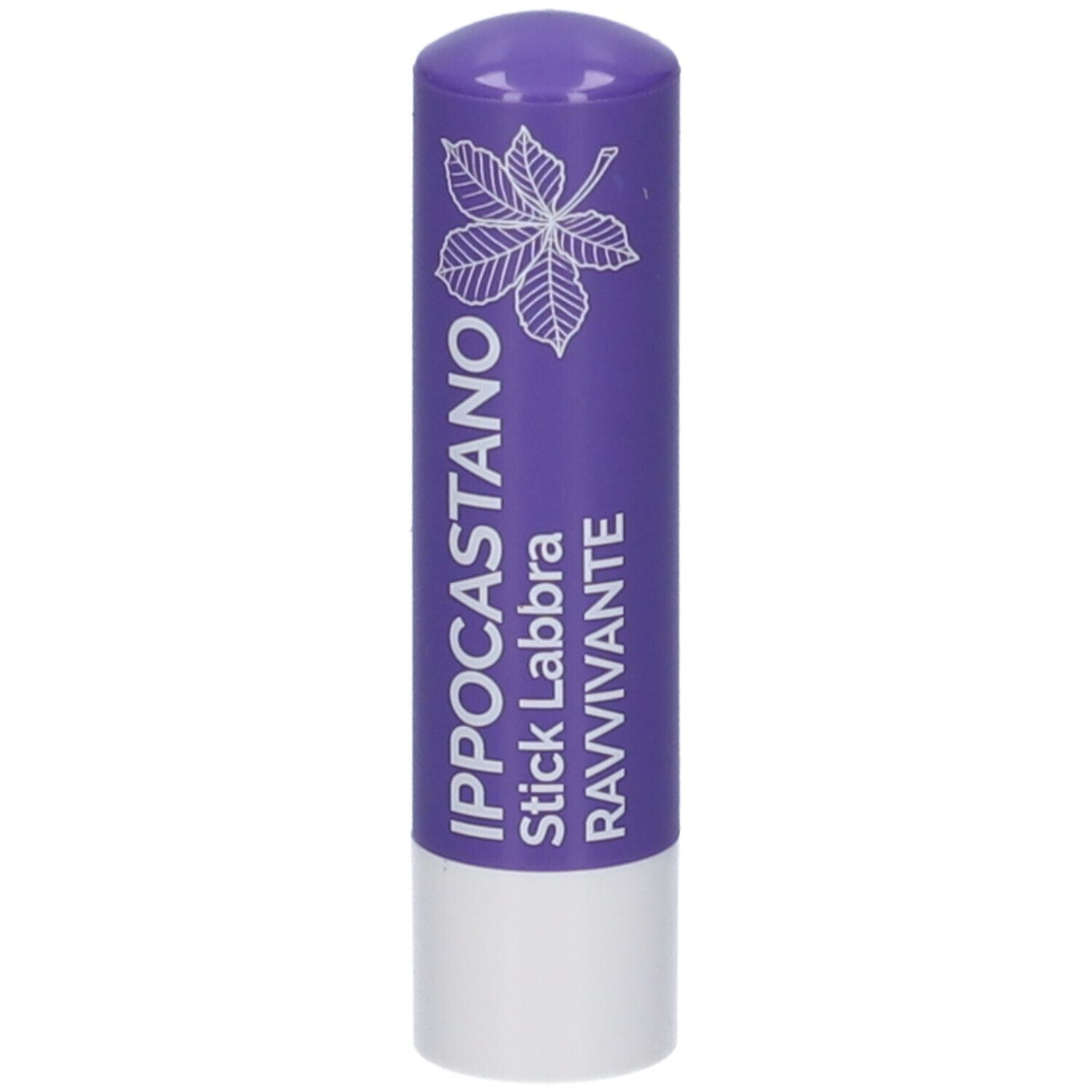 Stick Labbra Ravvivante Ippocastano. Tubetto viola con logo foglia di castagno. Scritta bianca.