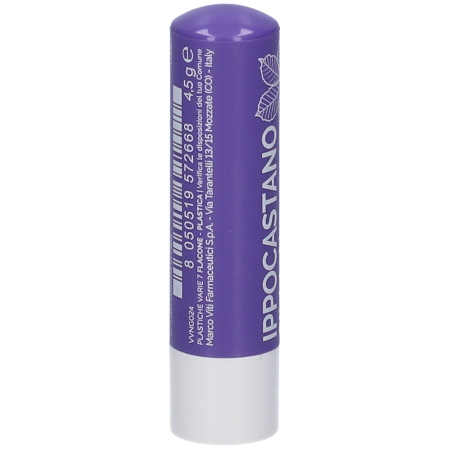 Stick Labbra Ravvivante Ippocastano. Tubetto viola con logo foglia di castagno. Scritta bianca.