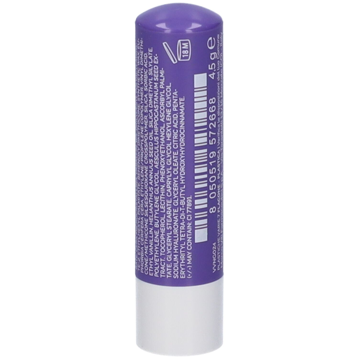 Stick Labbra Ravvivante Ippocastano. Tubetto viola con informazioni prodotto e codice a barre. 4,5g.