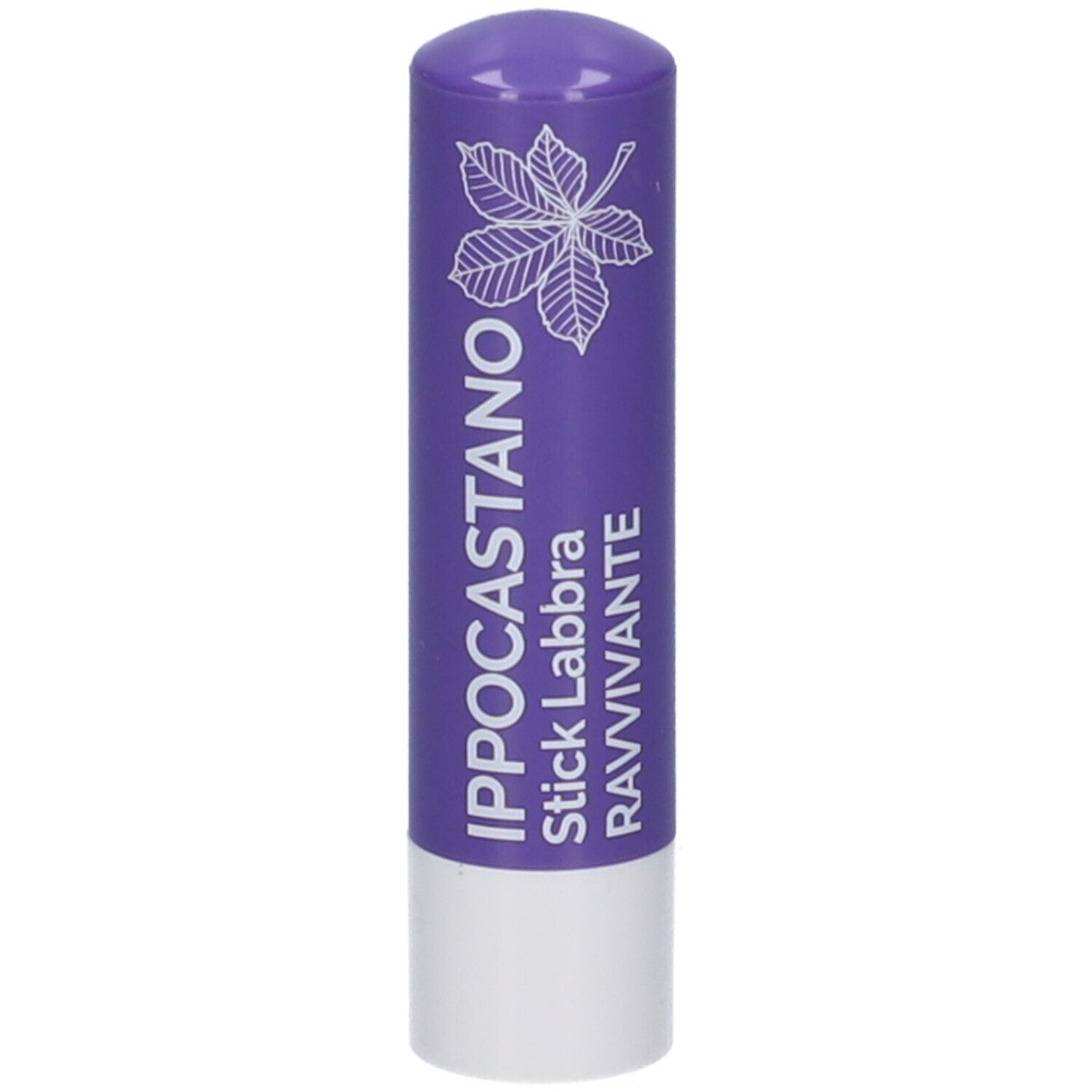 Stick Labbra Ravvivante Ippocastano. Tubetto viola con informazioni prodotto e codice a barre. 4,5g.