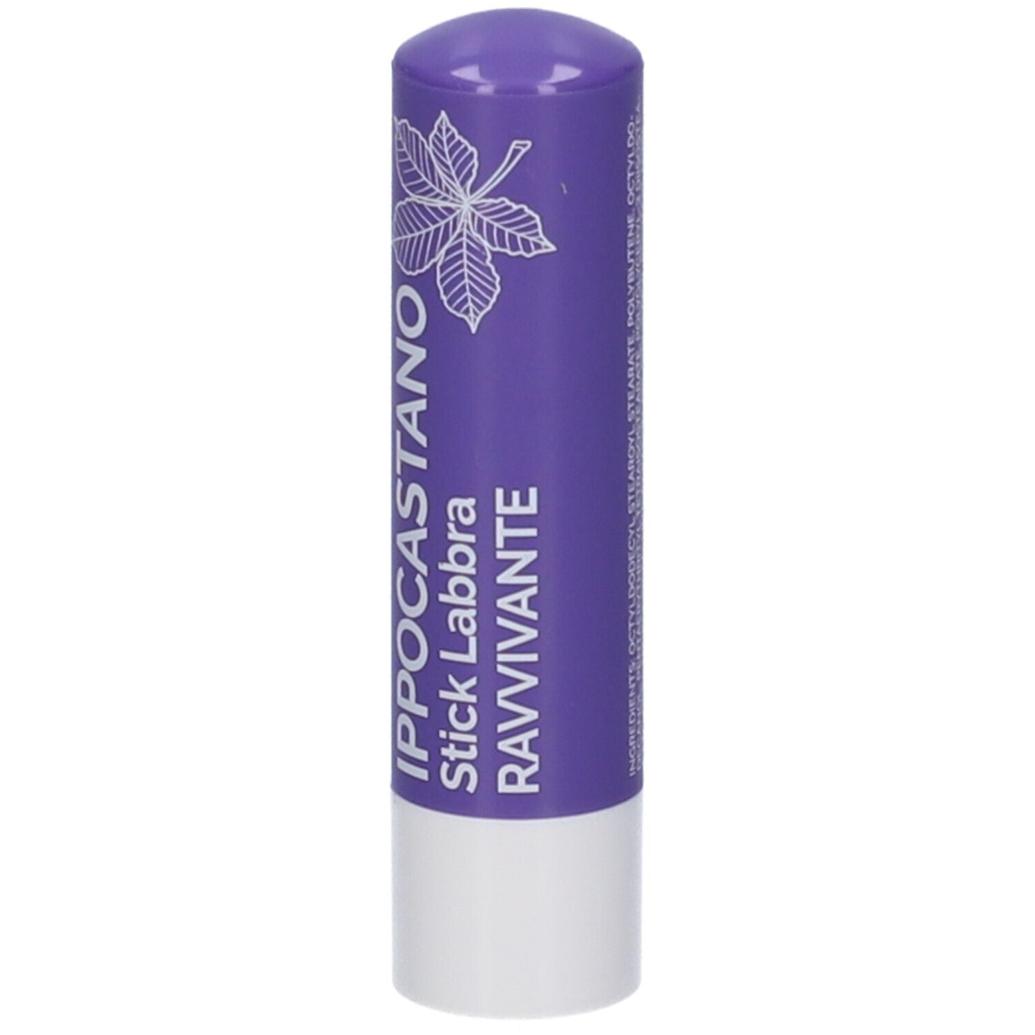 Stick Labbra Ravvivante Ippocastano. Tubetto viola con logo foglia di castagno. Scritta bianca.