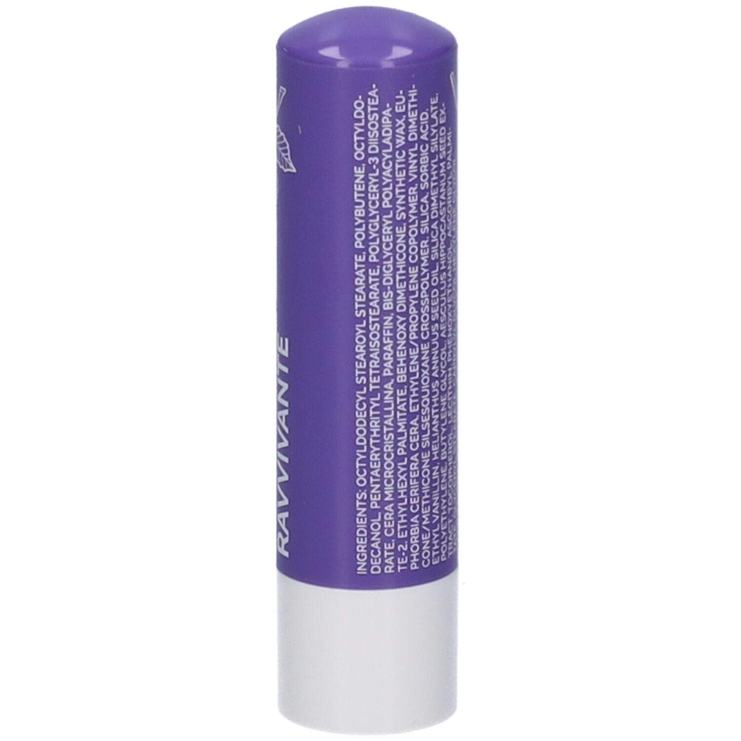 Stick Labbra Ravvivante Ippocastano. Tubetto viola con elenco ingredienti. Scritta bianca.