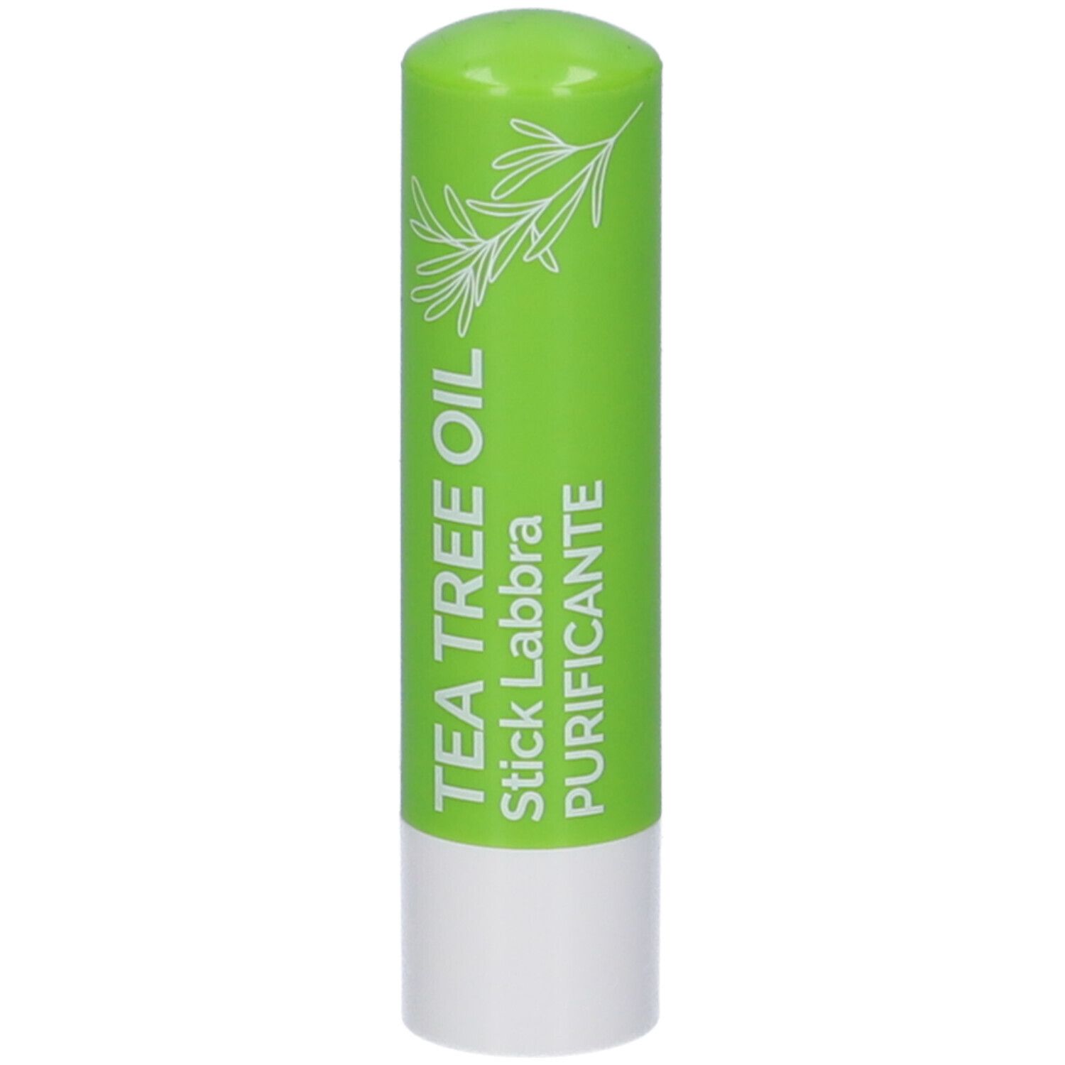 Stick per labbra verde con base bianca. Scritta: TEA TREE OIL Stick Labbra PURIFICANTE. Illustrazione di erbe.