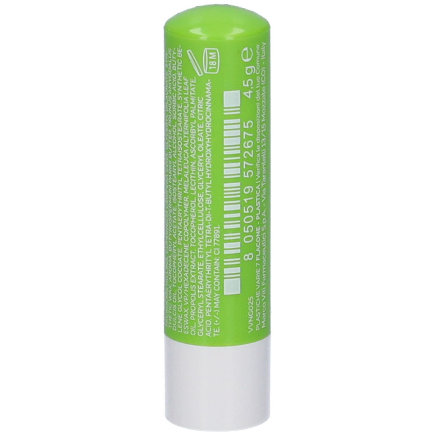 Stick per labbra verde con base bianca. Retro con ingredienti, codice a barre e informazioni produttore.