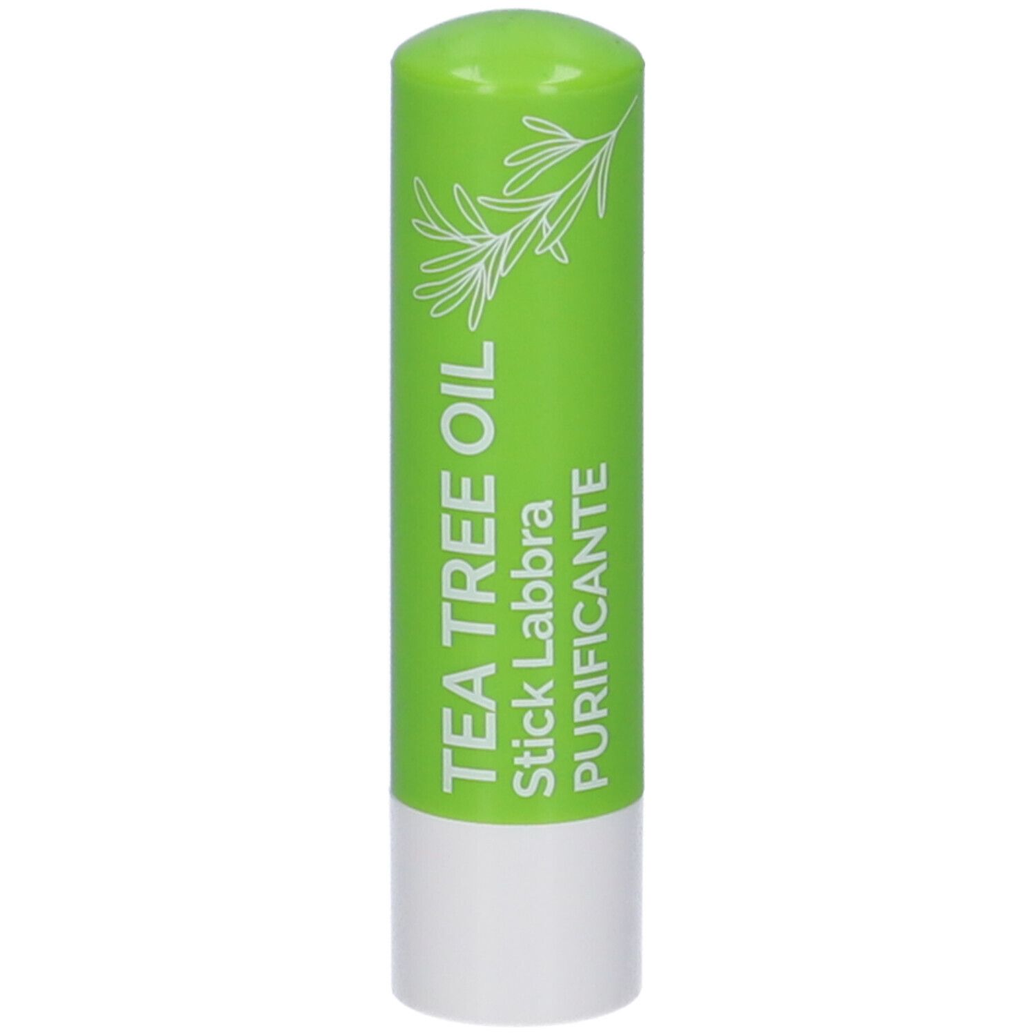 Stick per labbra verde con base bianca. Scritta: TEA TREE OIL Stick Labbra PURIFICANTE. Illustrazione di erbe.