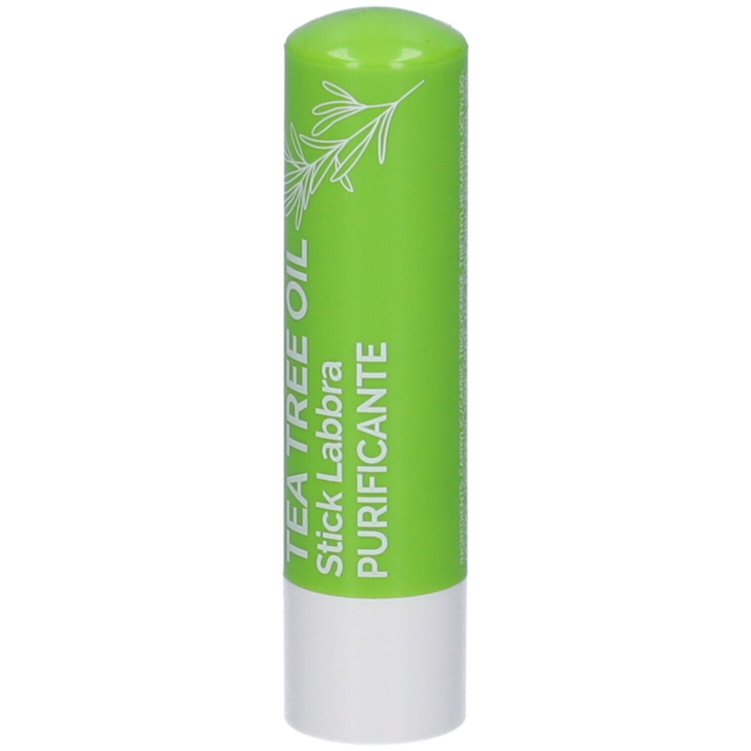 Stick per labbra verde con base bianca. Scritta: TEA TREE OIL Stick Labbra PURIFICANTE. Illustrazione di erbe.