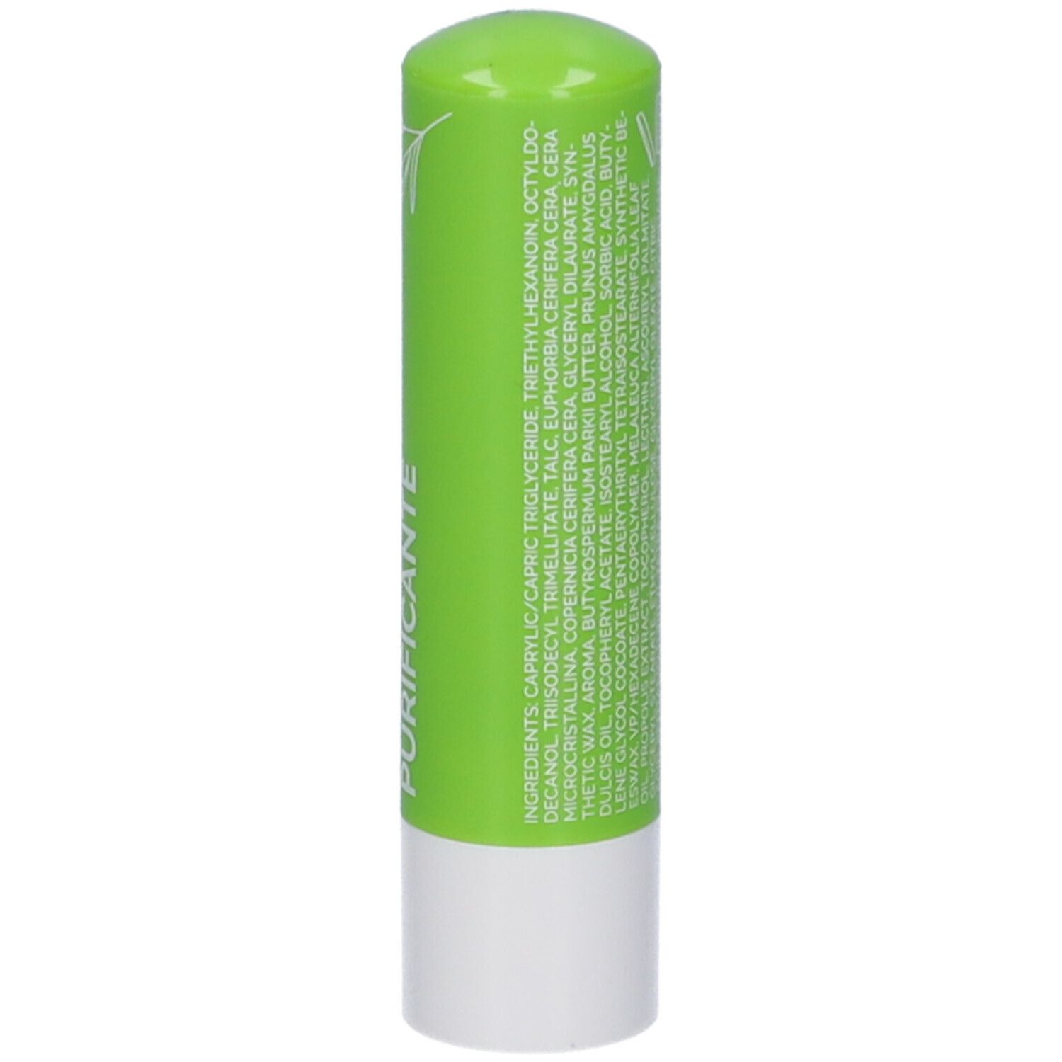 Stick per labbra verde con base bianca. Scritta: PURIFICANTE. Retro con ingredienti.