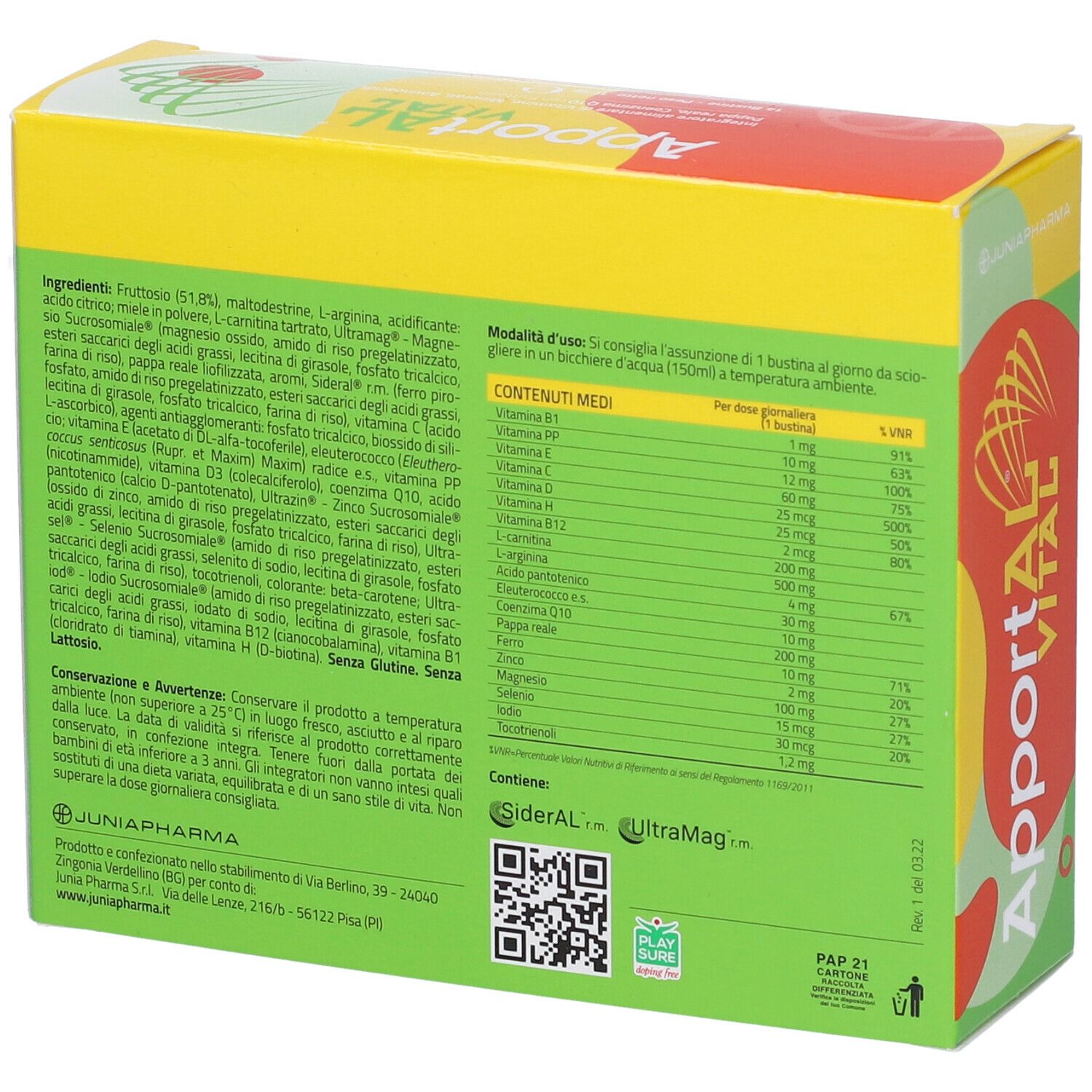 Retro della scatola "ApportAl VITAL". Contiene ingredienti e informazioni nutrizionali. Testo in italiano.