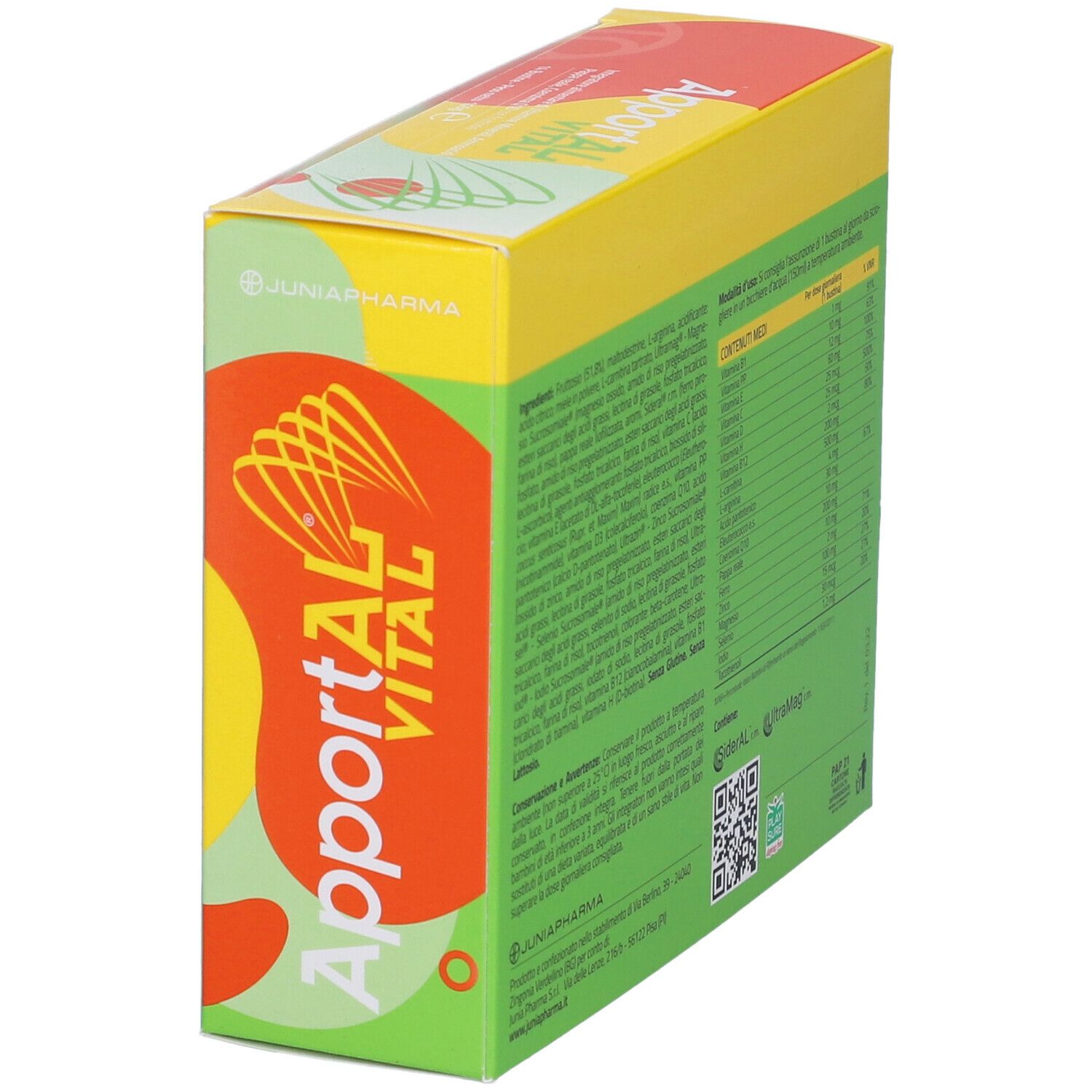 Scatola "ApportAl VITAL" in prospettiva. Retro con ingredienti. Testo in italiano.