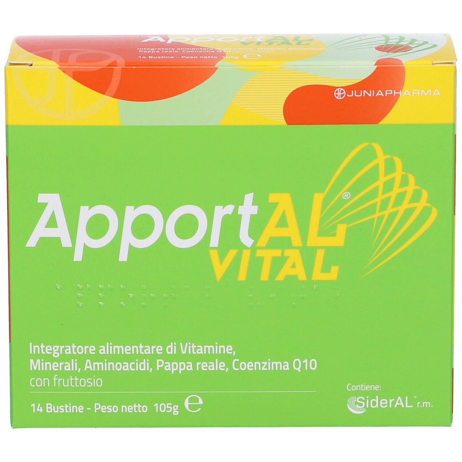 Scatola verde "ApportAl VITAL". Contiene 14 bustine. Testo: Integratore alimentare di vitamine...