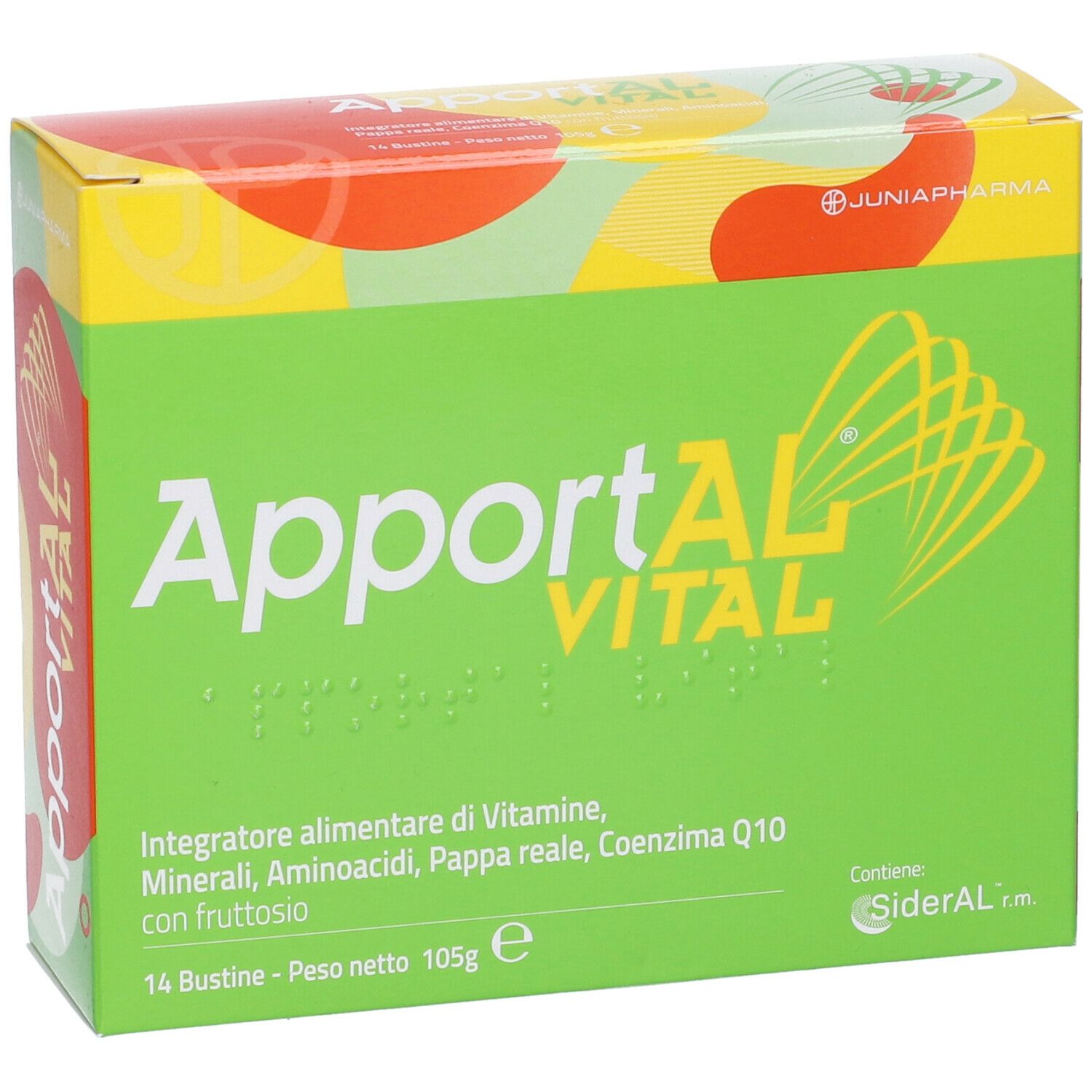 Scatola verde "ApportAl VITAL". Contiene 14 bustine. Testo: Integratore alimentare di vitamine...