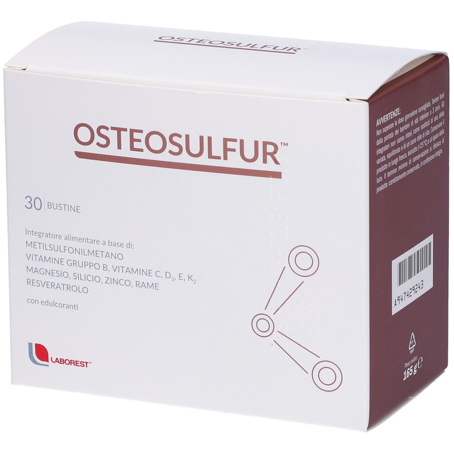 Confezione Osteosulfur. Scatola bianca con nome prodotto e 30 bustine. Logo in basso a sinistra.