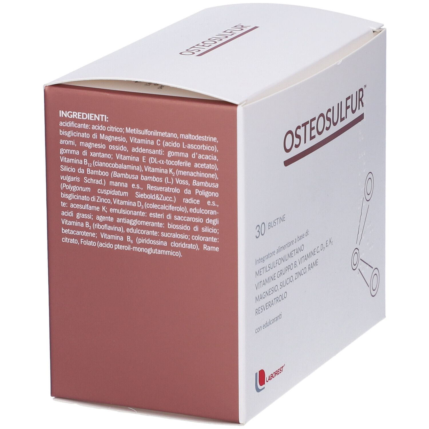 Confezione Osteosulfur. Scatola bianca con elenco ingredienti. Logo in basso a sinistra.