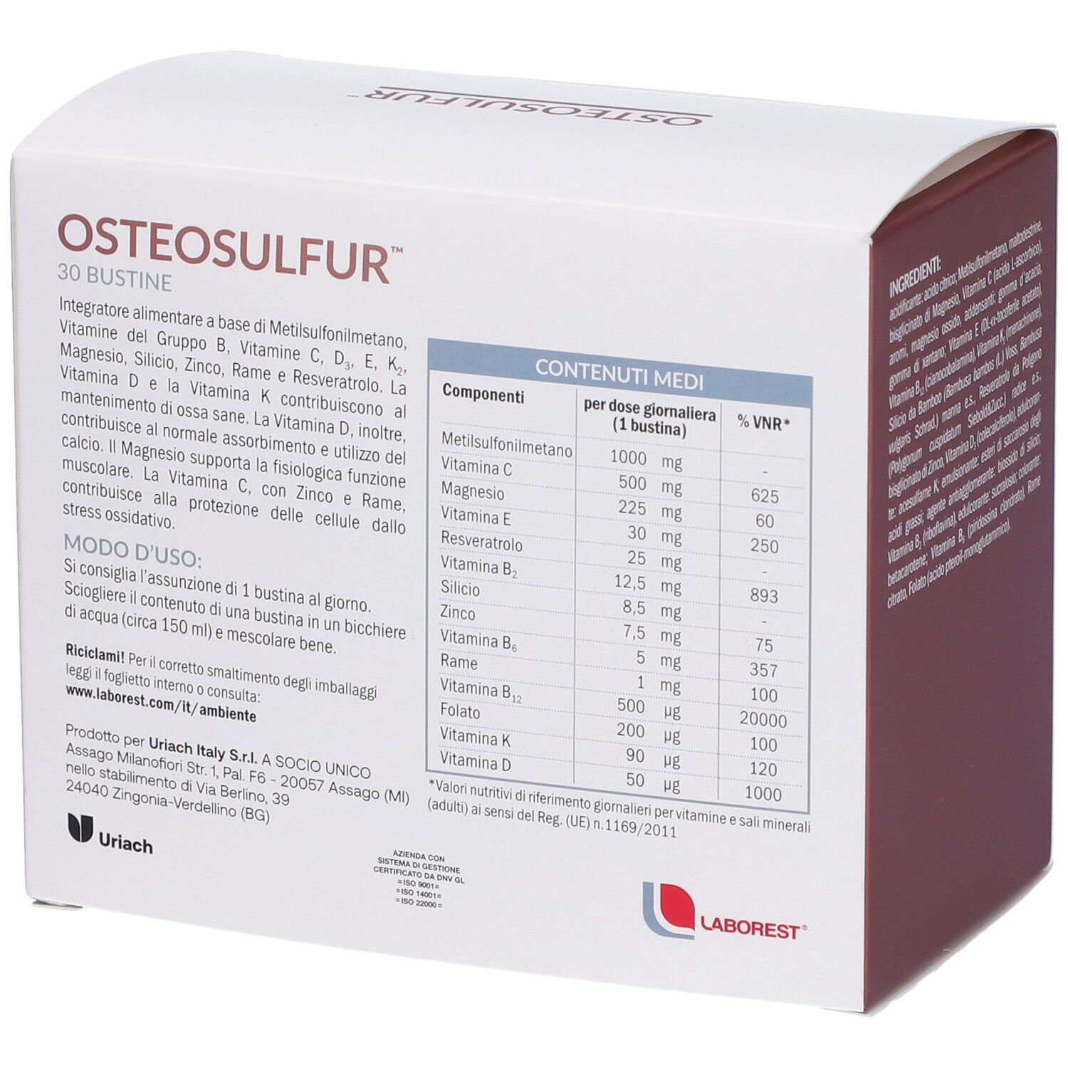 Confezione Osteosulfur. Scatola bianca con tabella nutrizionale. Logo in basso a sinistra.