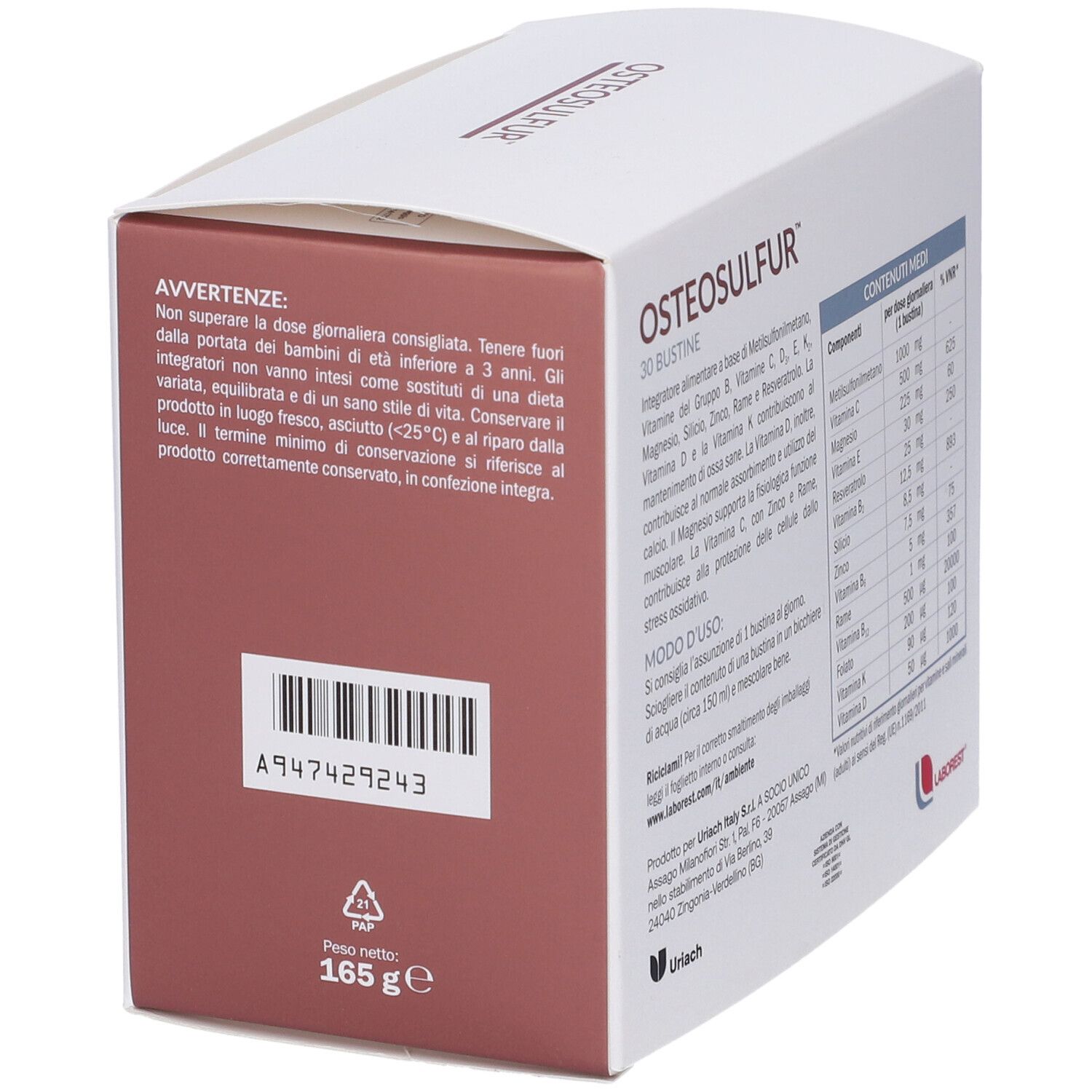 Confezione Osteosulfur. Scatola bianca con avvertenze e tabella nutrizionale. Logo in basso a sinistra.