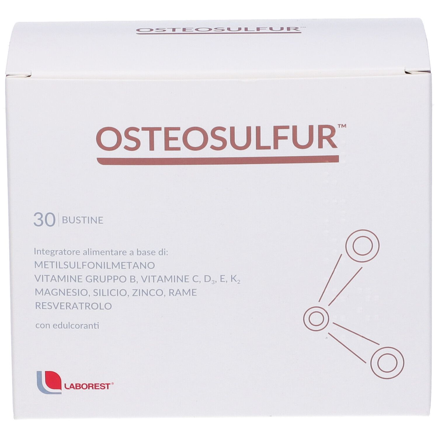 Confezione Osteosulfur. Scatola bianca con nome prodotto e 30 bustine. Logo in basso a sinistra.