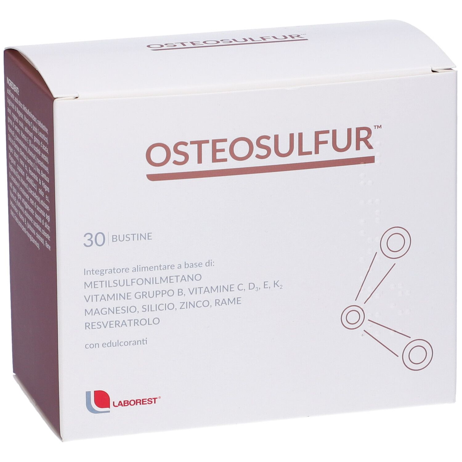 Confezione Osteosulfur. Scatola bianca con nome prodotto e 30 bustine. Logo in basso a sinistra.