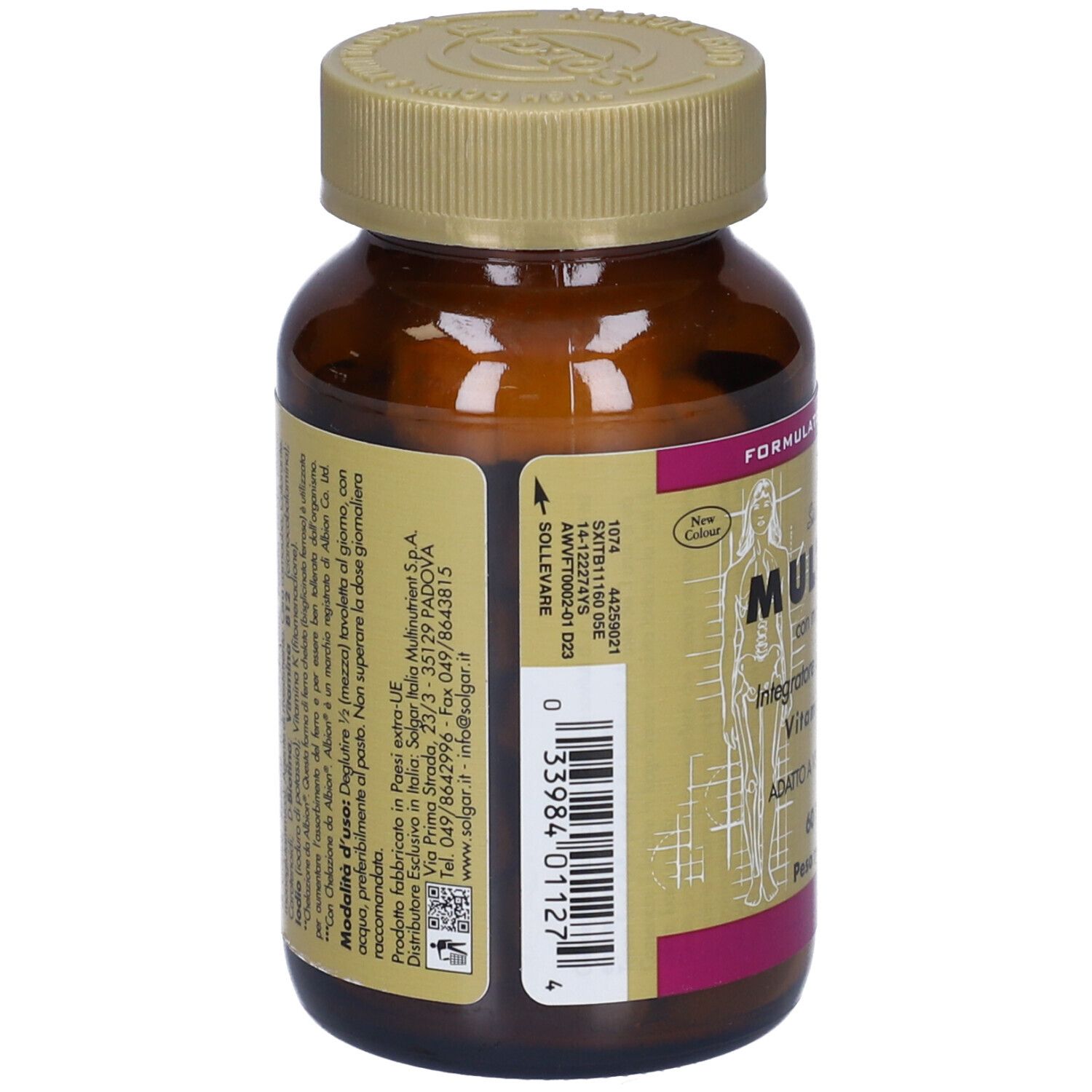 Flacone di vetro marrone con tappo dorato. Retro con informazioni e produttore. Etichetta.