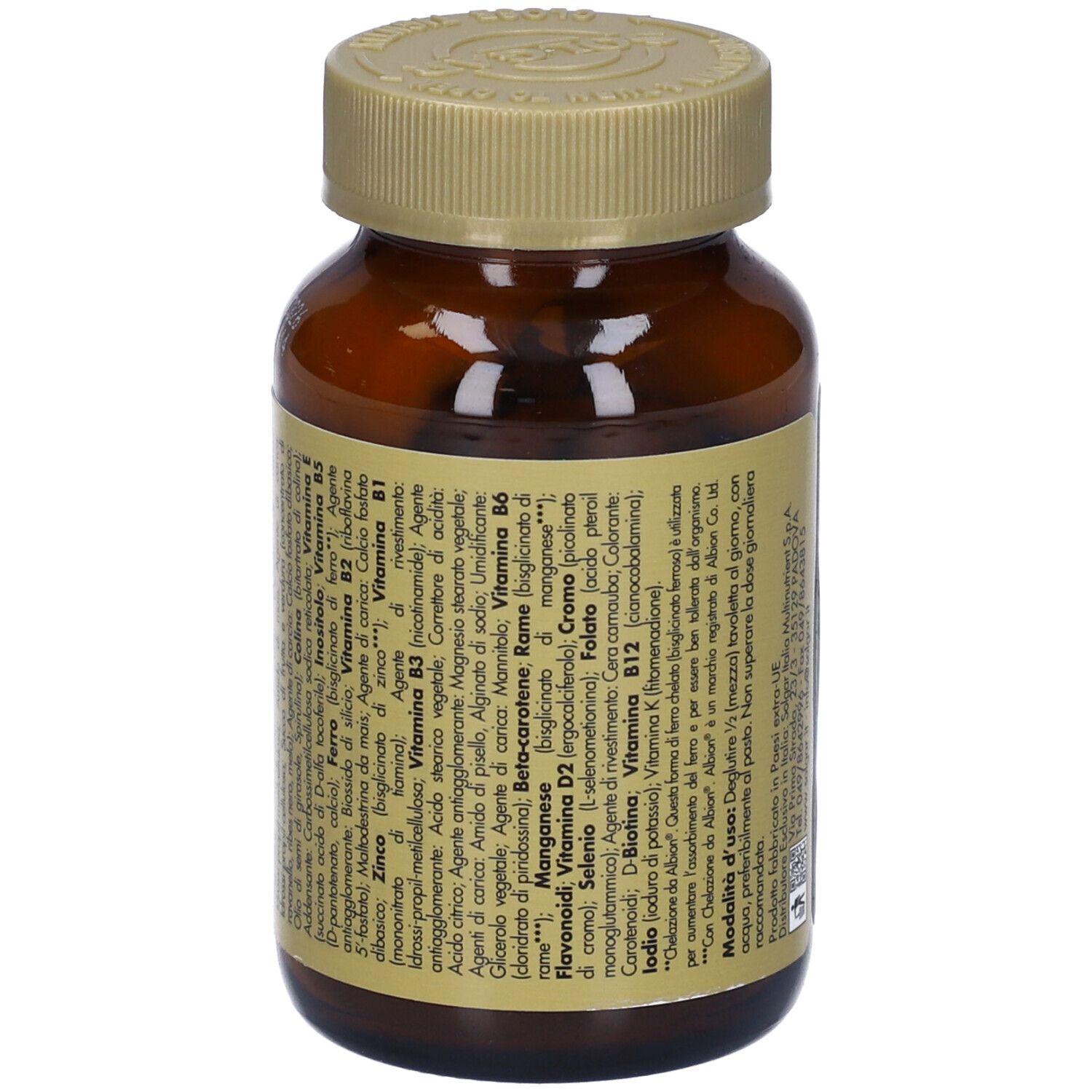Flacone di vetro marrone con tappo dorato. Retro con informazioni e produttore. Etichetta.