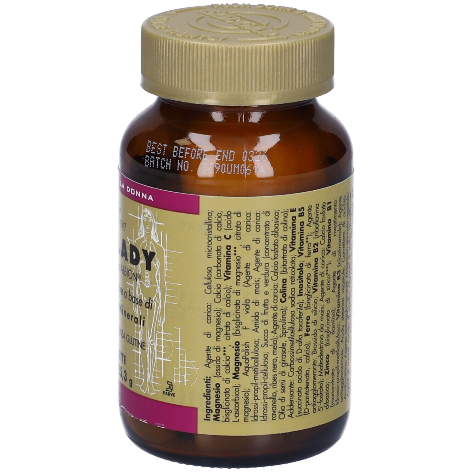 Flacone di vetro marrone con tappo dorato. Retro con informazioni e produttore. Etichetta.