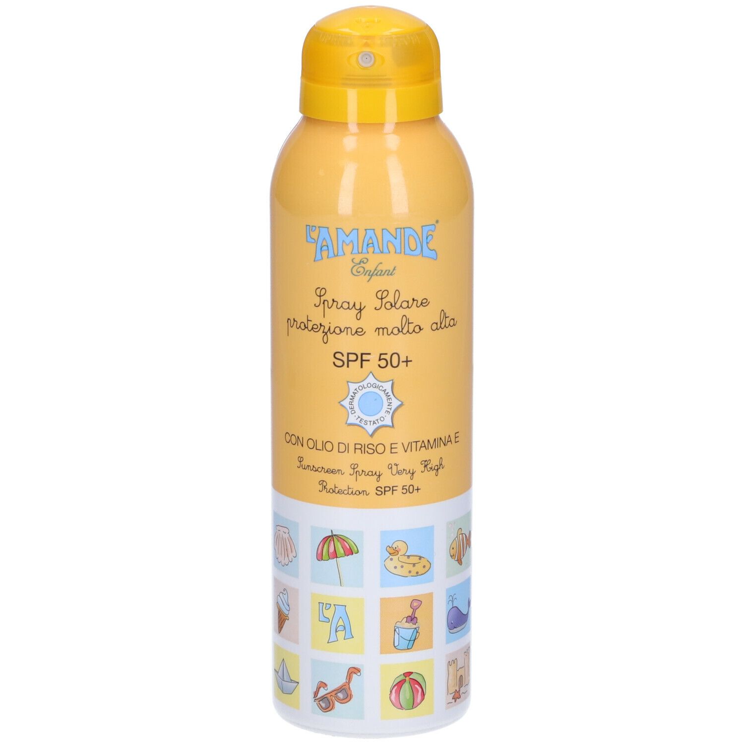 Flacone spray giallo con tappo giallo. Scritta: Spray Solare SPF 50+. Illustrazioni sul fondo.