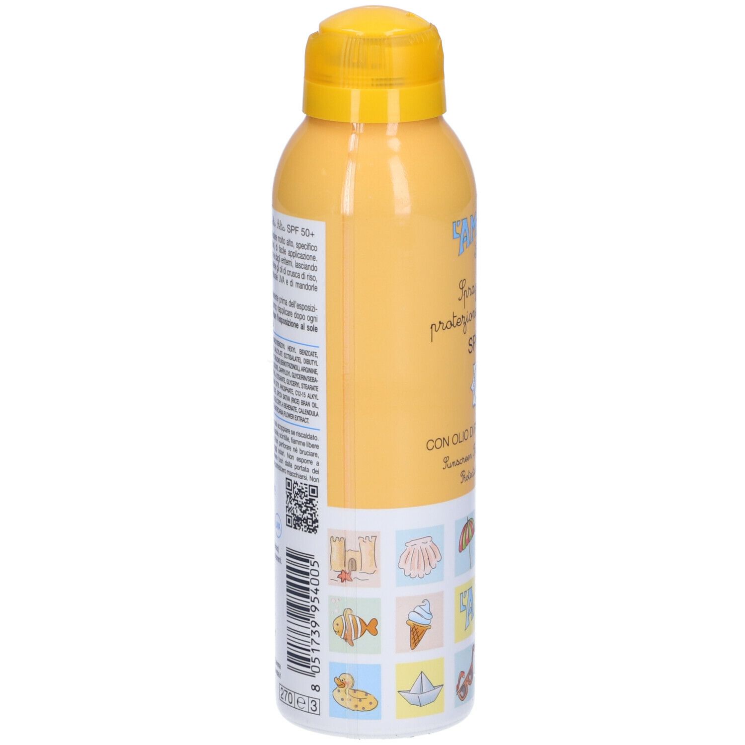 Flacone spray giallo, vista laterale. Testo e codice QR. Illustrazioni sul fondo.