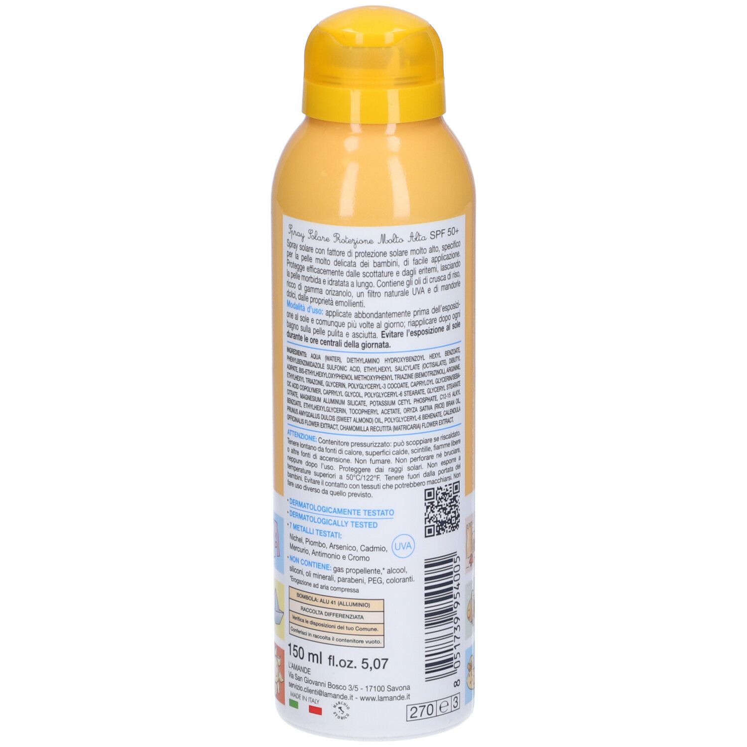 Flacone spray giallo, retro. Testo, codice QR e informazioni. Illustrazioni sul fondo.