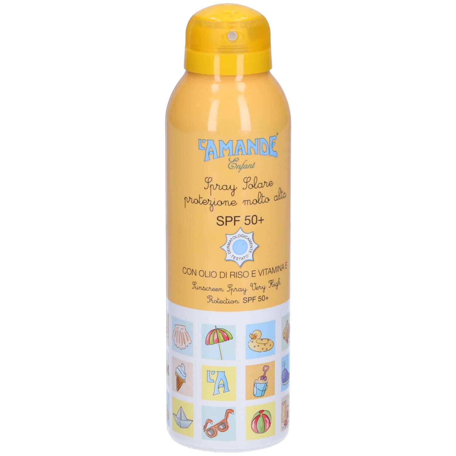 Flacone spray giallo con tappo giallo. Scritta: Spray Solare SPF 50+. Illustrazioni sul fondo.