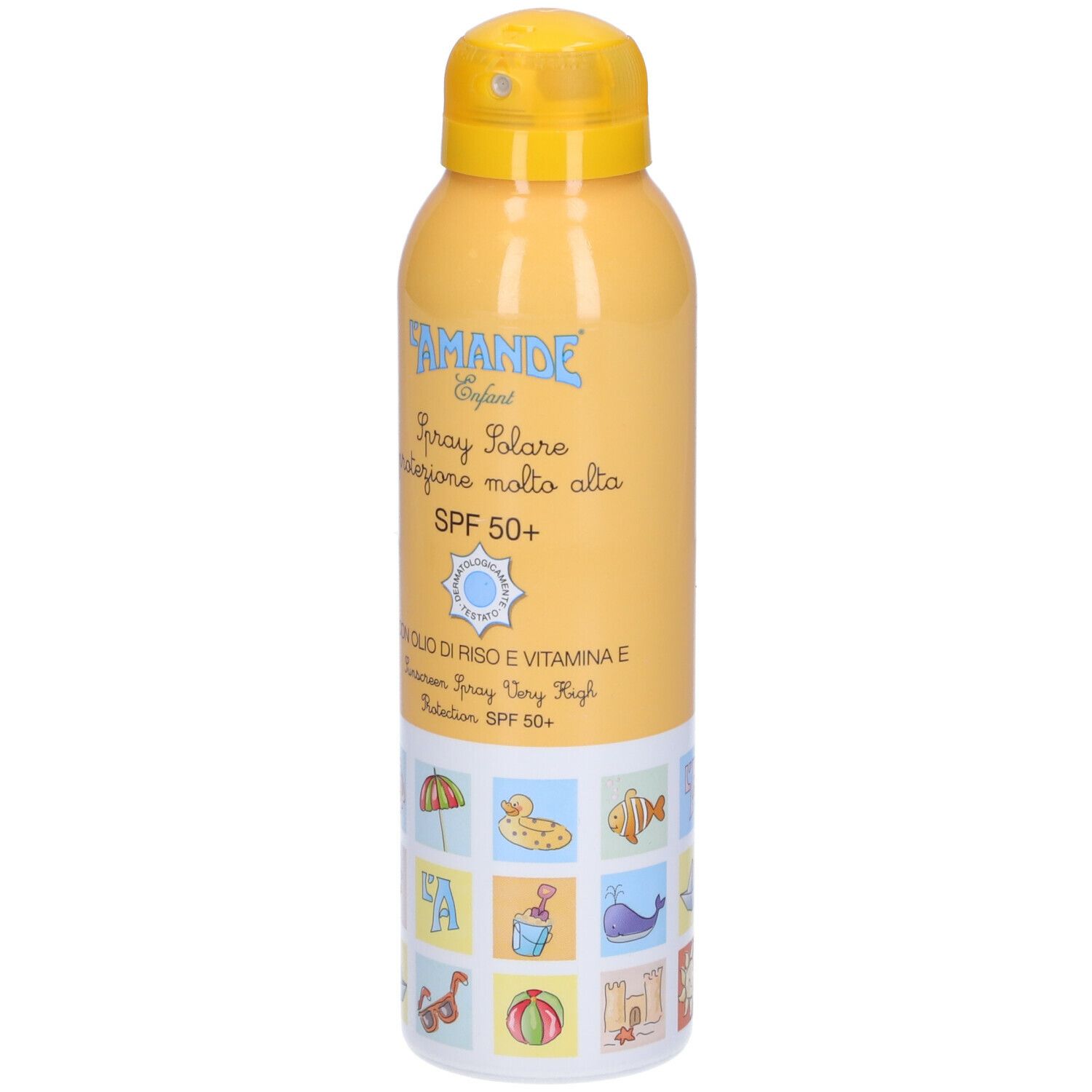 Flacone spray giallo con tappo giallo. Scritta: Spray Solare SPF 50+. Illustrazioni sul fondo.
