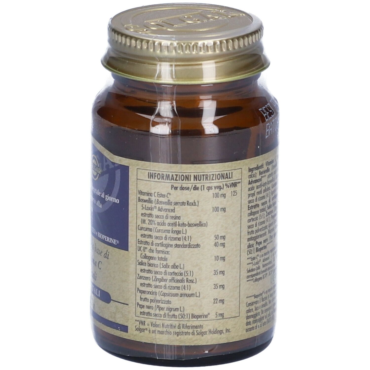 Retro di un flacone di vetro marrone con tappo dorato. Etichetta con informazioni nutrizionali.