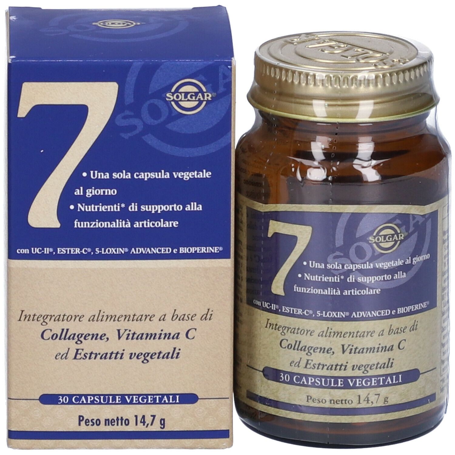 Confezione del prodotto con flacone e scatola. Flacone con tappo dorato, scatola con testo "7" e "SOLGAR".